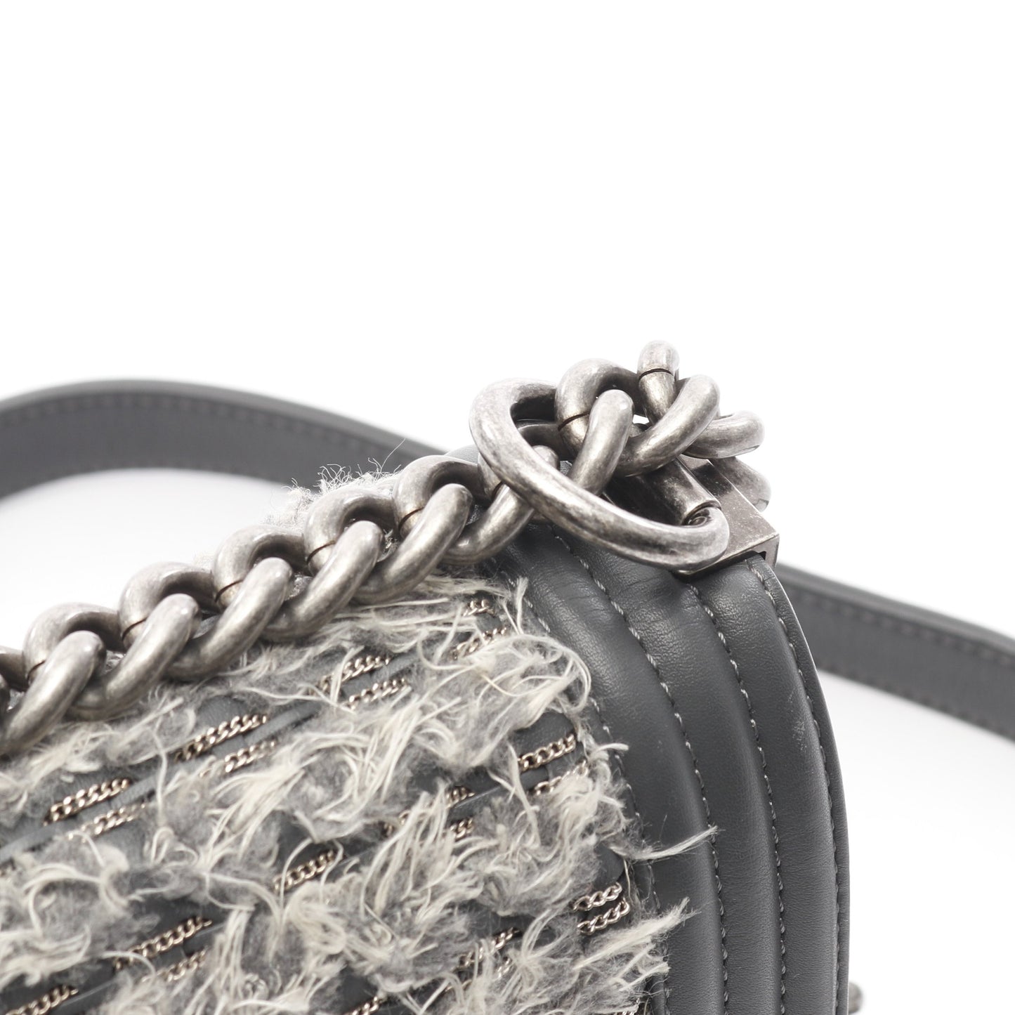 ボーイシャネル チェーンショルダーバッグ ツイード レザー グレー アンティークシルバー金具 シャネル バッグ CHANEL