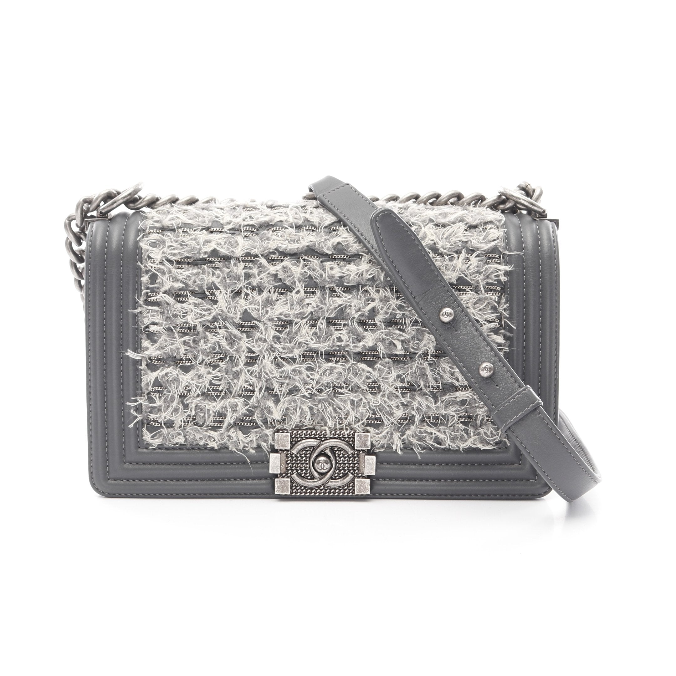 ボーイシャネル チェーンショルダーバッグ ツイード レザー グレー