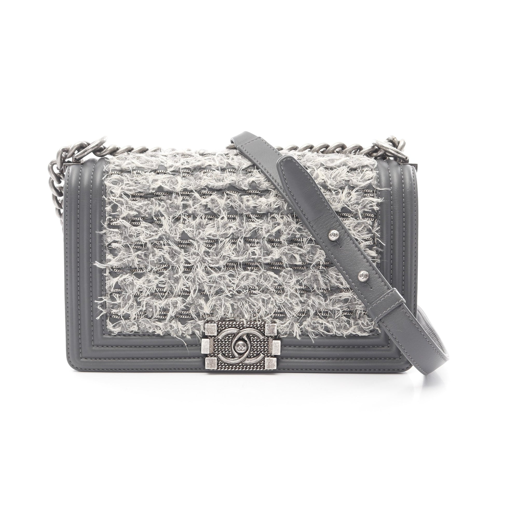 ボーイシャネル チェーンショルダーバッグ ツイード レザー グレー アンティークシルバー金具 シャネル バッグ CHANEL