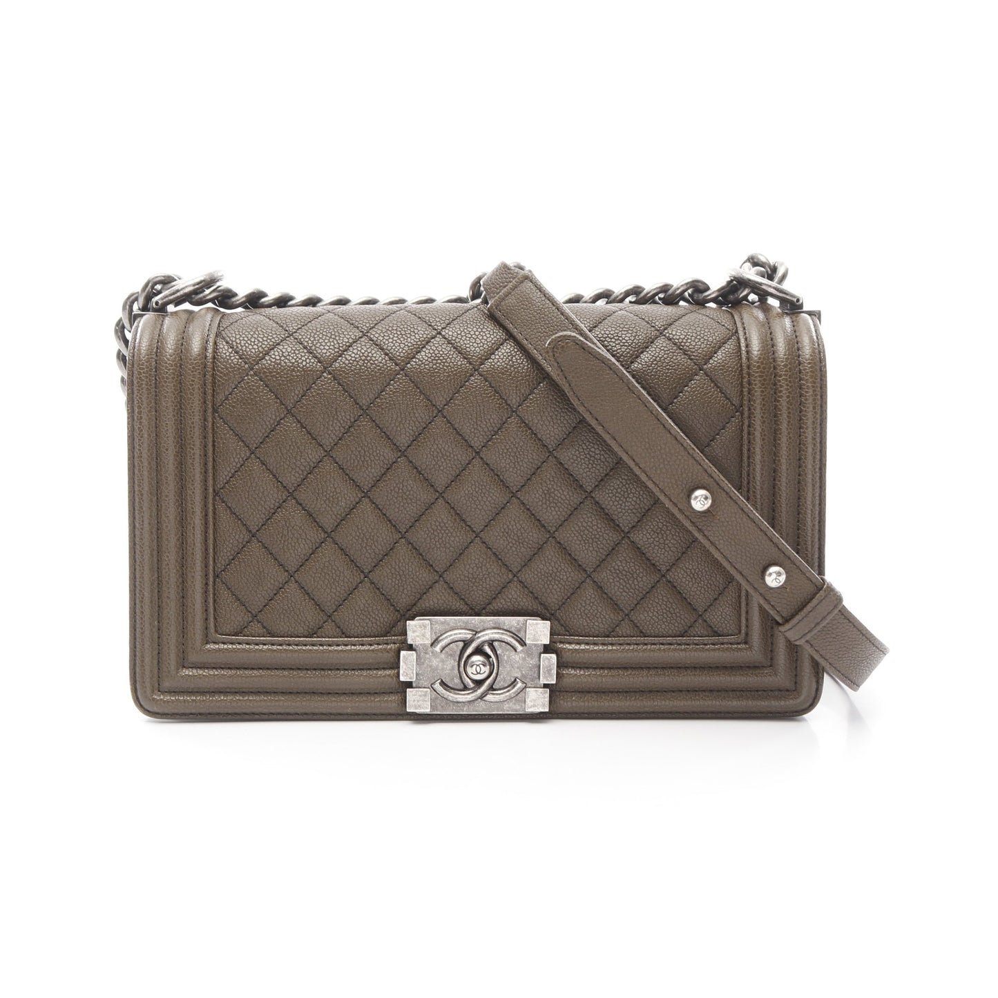 ボーイシャネル チェーンショルダーバッグ キャビアスキン カーキブラウン アンティークシルバー金具 シャネル バッグ CHANEL