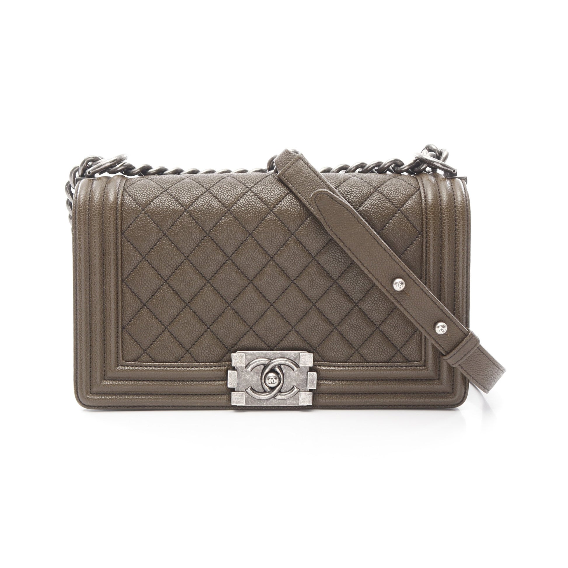 ボーイシャネル チェーンショルダーバッグ キャビアスキン カーキブラウン アンティークシルバー金具 シャネル バッグ CHANEL