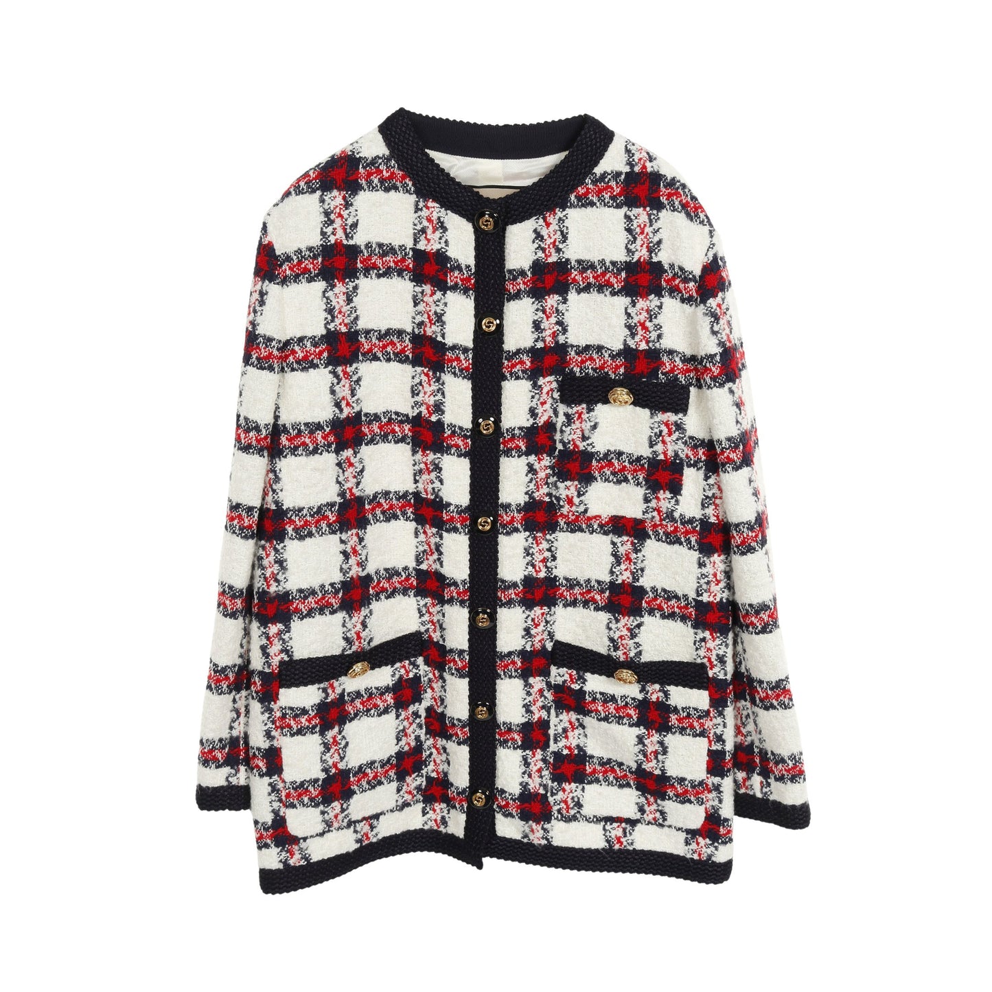 GGボタン ツイード ノーカラージャケット チェック ホワイト ネイビー レッド グッチ アウター GUCCI