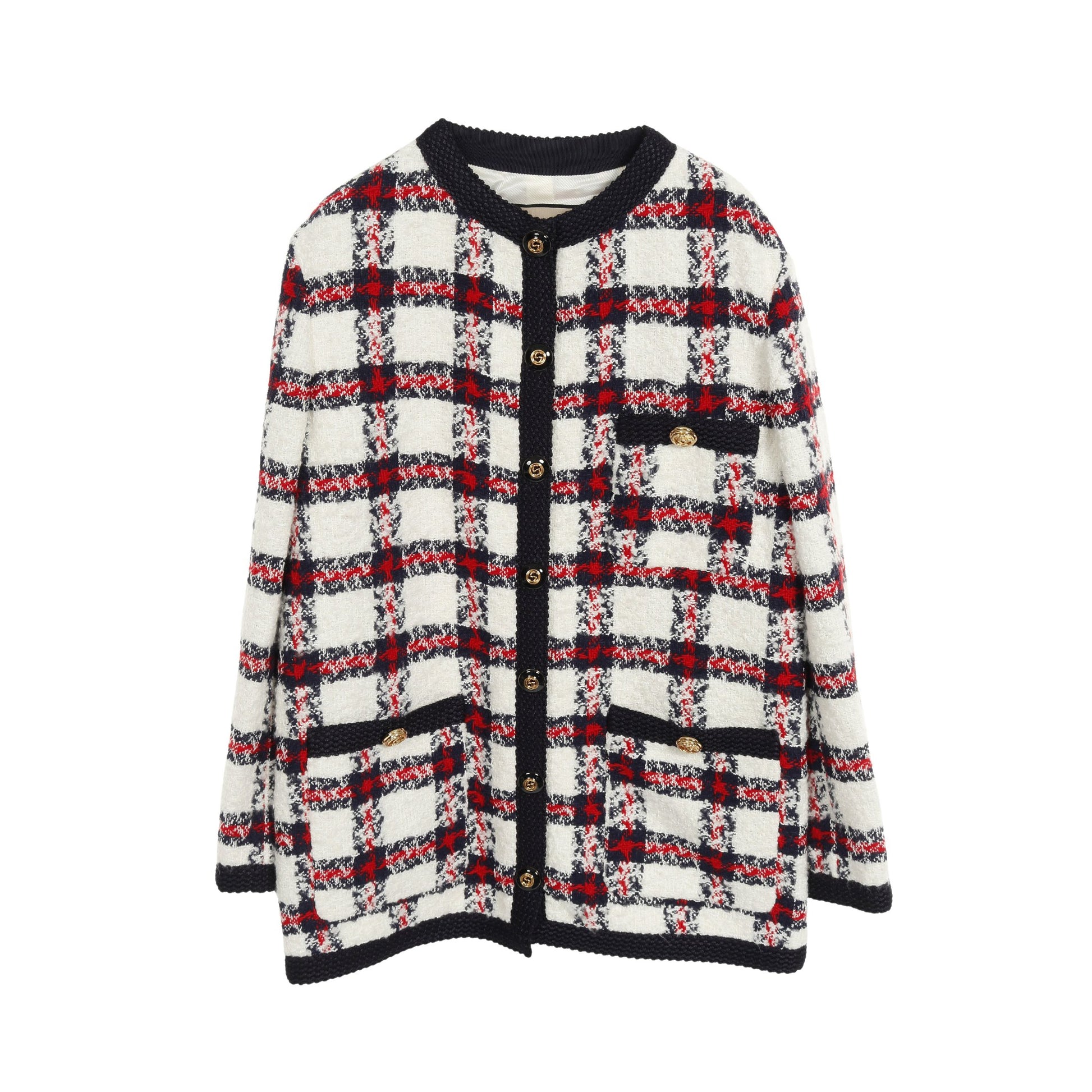 GGボタン ツイード ノーカラージャケット チェック ホワイト ネイビー レッド グッチ アウター GUCCI