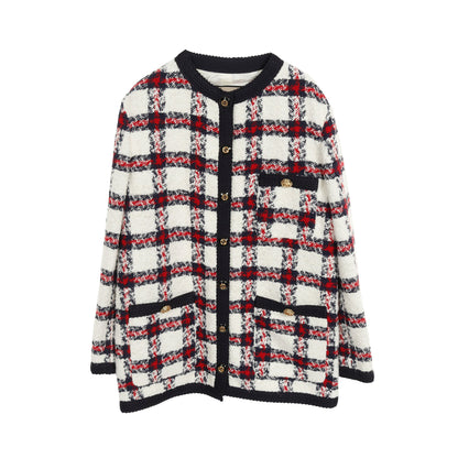 GGボタン ツイード ノーカラージャケット チェック ホワイト ネイビー レッド グッチ アウター GUCCI