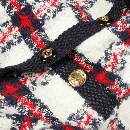 GGボタン ツイード ノーカラージャケット チェック ホワイト ネイビー レッド グッチ アウター GUCCI