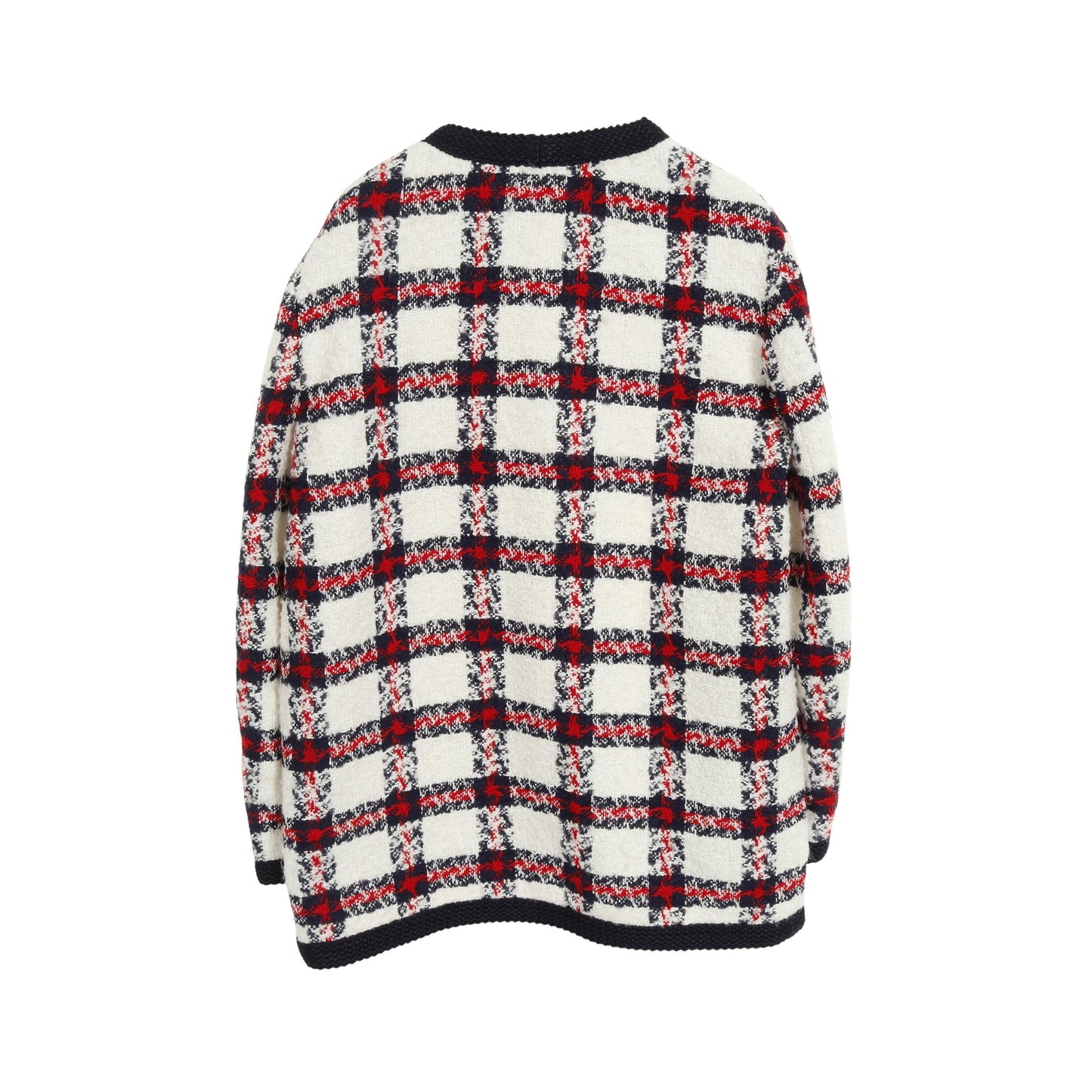 GGボタン ツイード ノーカラージャケット チェック ホワイト ネイビー レッド グッチ アウター GUCCI