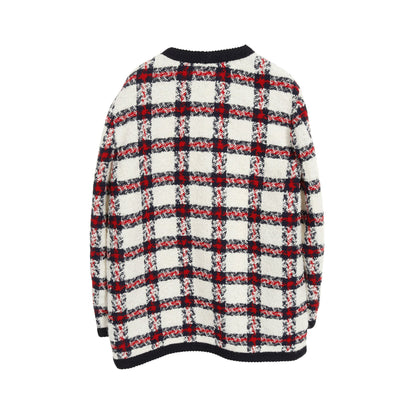GGボタン ツイード ノーカラージャケット チェック ホワイト ネイビー レッド グッチ アウター GUCCI