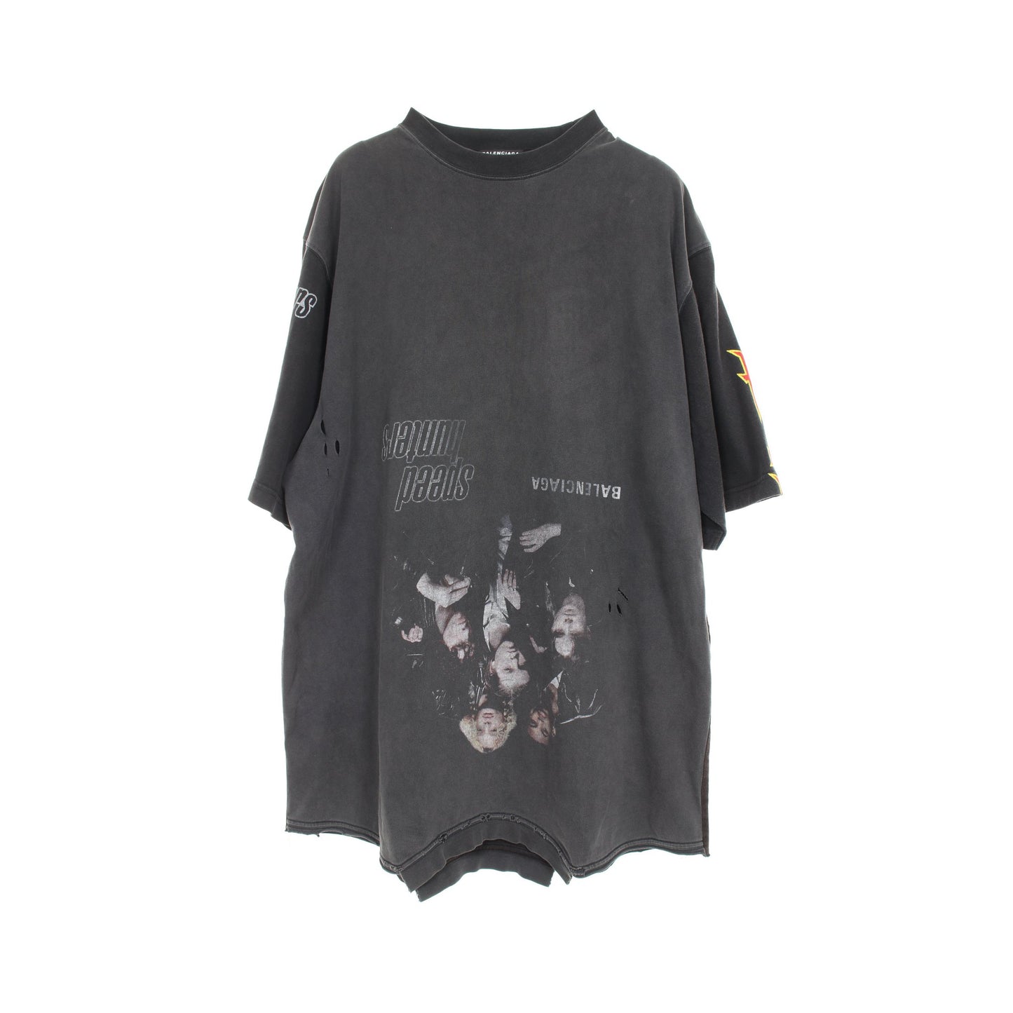 スピードハンターズアップサイドダウン Tシャツ カットソー 長袖 コットン ブラック マルチカラー ダメージ加工 ヴィンテージ加工 バレンシアガ トップス BALENCIAGA