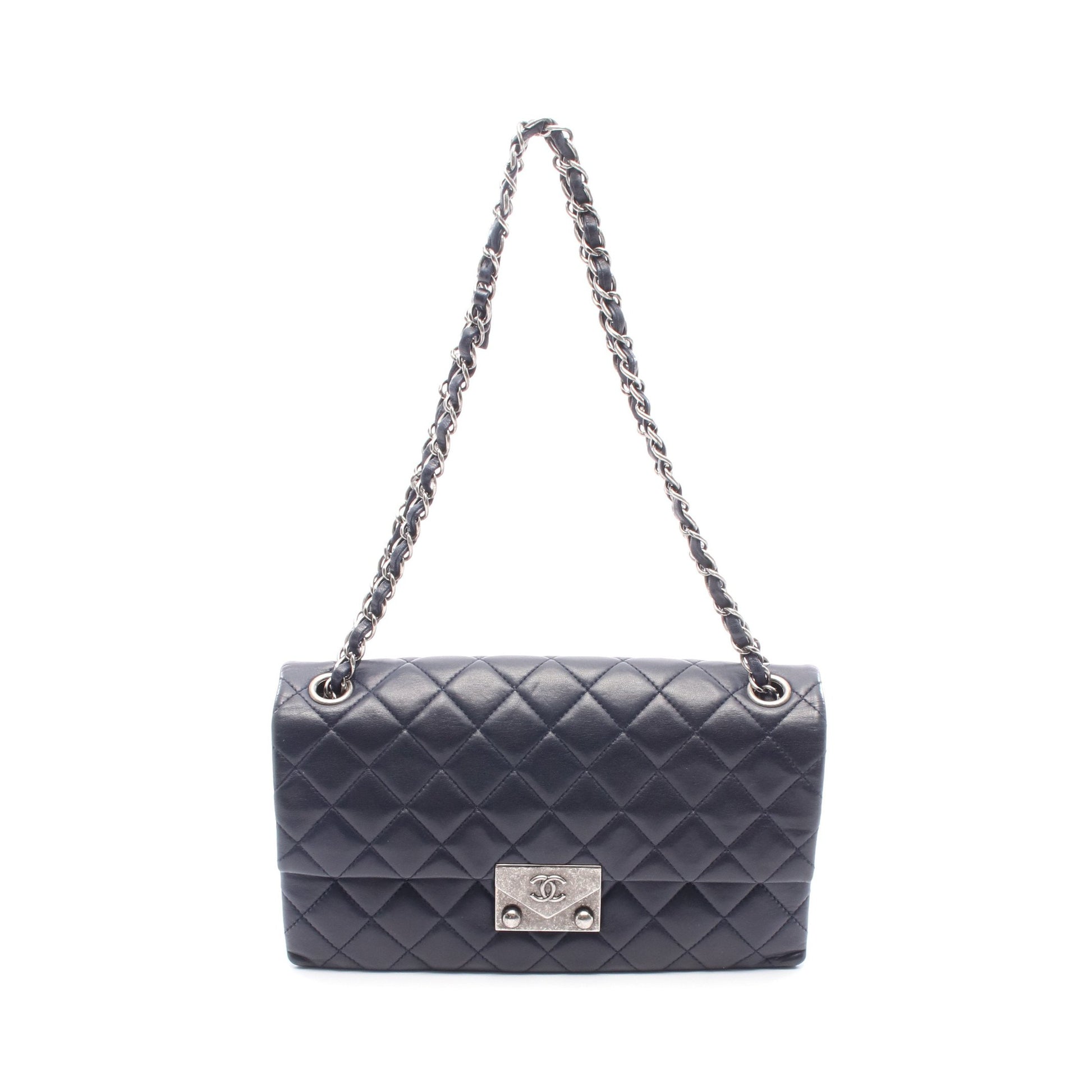 マトラッセ チェーンショルダーバッグ レザー ネイビー アンティークシルバー金具 シャネル バッグ CHANEL