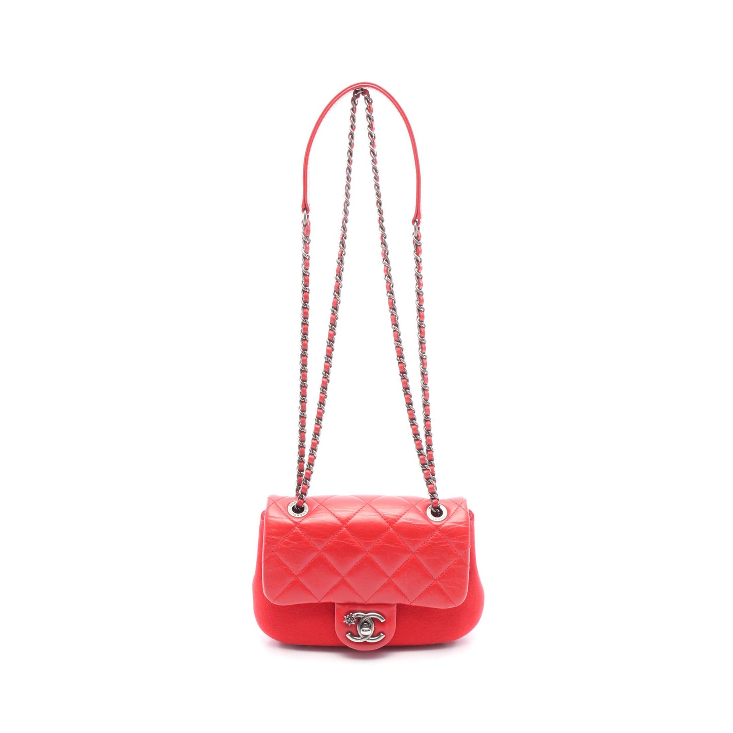 マトラッセ チェーンショルダーバッグ レザー フェルト レッド アンティークシルバー金具 シャネル バッグ CHANEL