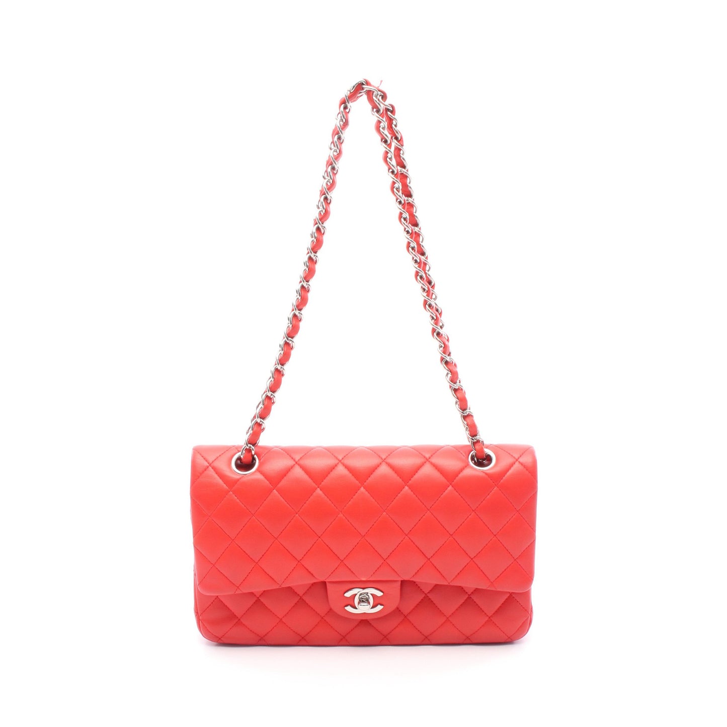 マトラッセ Wフラップ Wチェーンショルダーバッグ レザー レッド シルバー金具 シャネル バッグ CHANEL