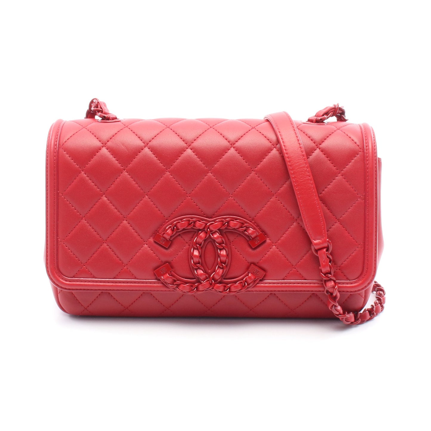 CCフィリグリー マトラッセ チェーンショルダーバッグ レザー レッド レッド金具 シャネル バッグ CHANEL