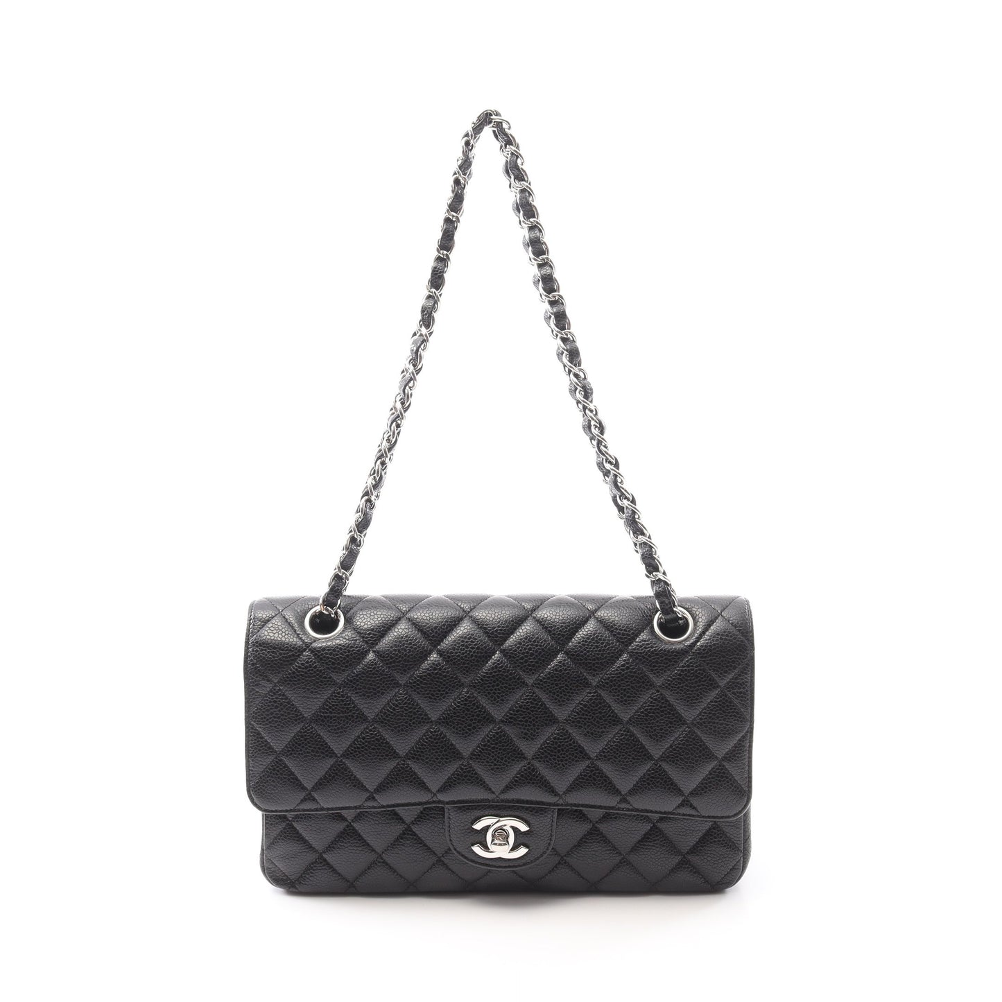 マトラッセ ダブルフラップ チェーンショルダーバッグ キャビアスキン ブラック シルバー金具 シャネル バッグ CHANEL