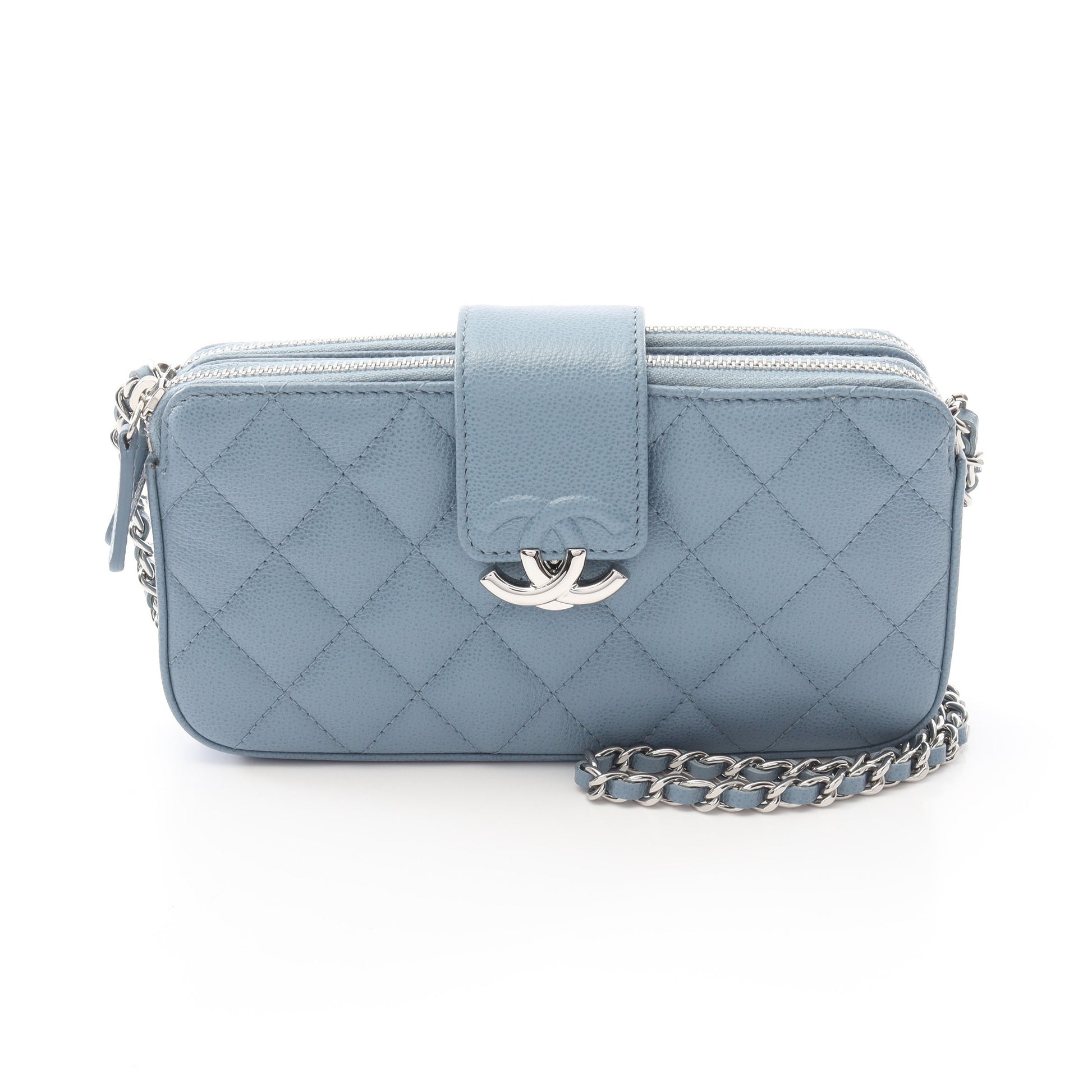 ハーフココマーク マトラッセ チェーンウォレット キャビアスキン ライトブルー シルバー金具 シャネル バッグ CHANEL