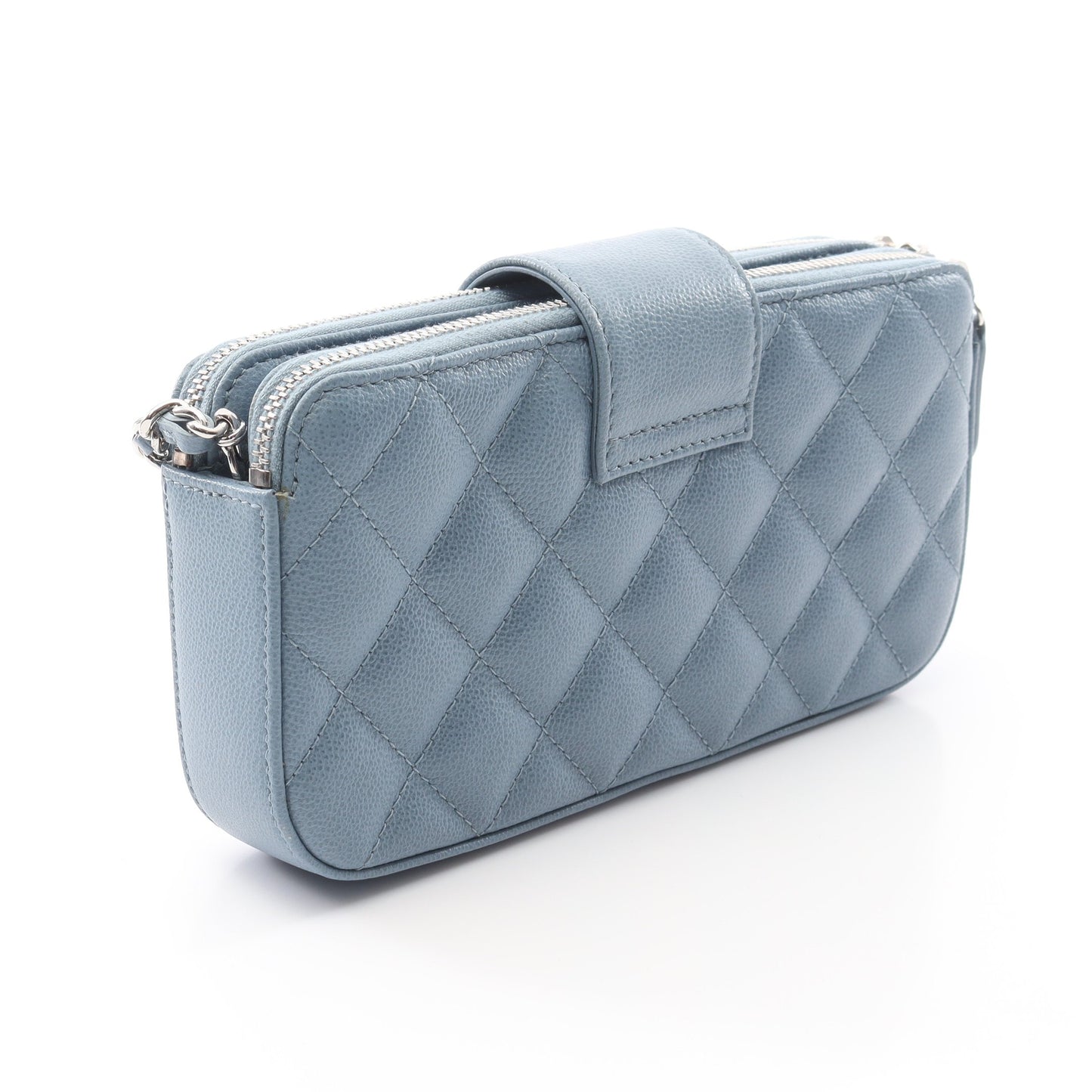 ハーフココマーク マトラッセ チェーンウォレット キャビアスキン ライトブルー シルバー金具 シャネル バッグ CHANEL