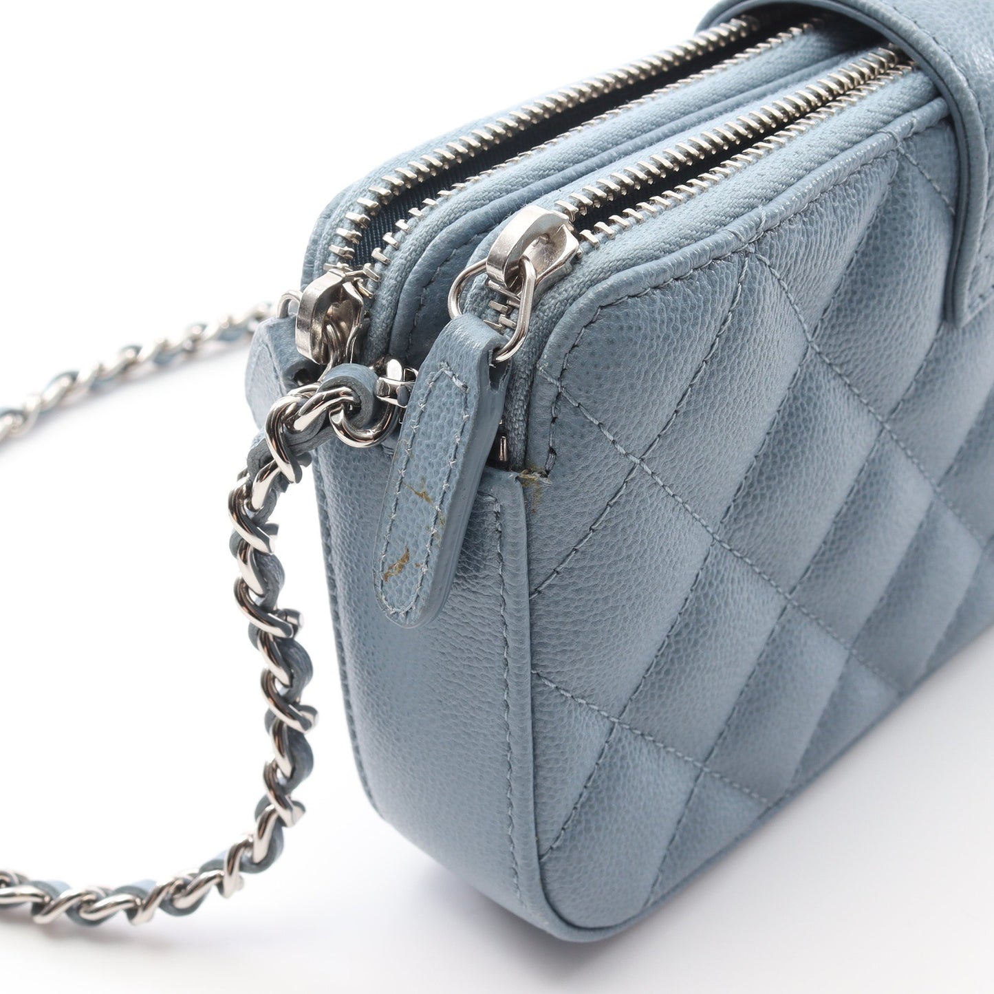 ハーフココマーク マトラッセ チェーンウォレット キャビアスキン ライトブルー シルバー金具 シャネル バッグ CHANEL