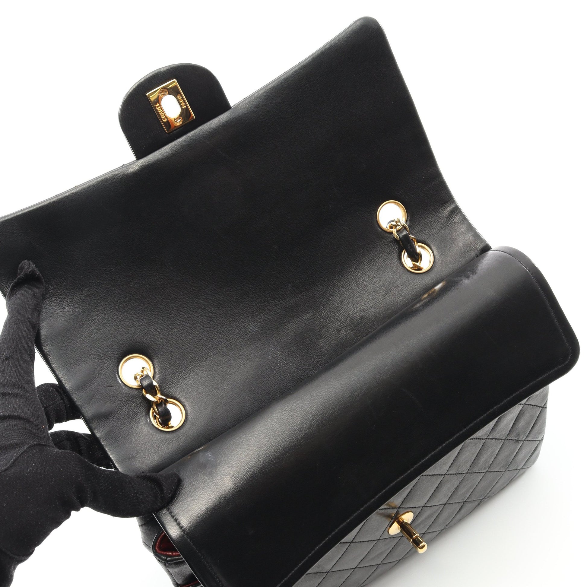 マトラッセ Wフラップ Wチェーンショルダーバッグ ラムスキン ブラック ゴールド金具 ヴィンテージ シャネル バッグ CHANEL