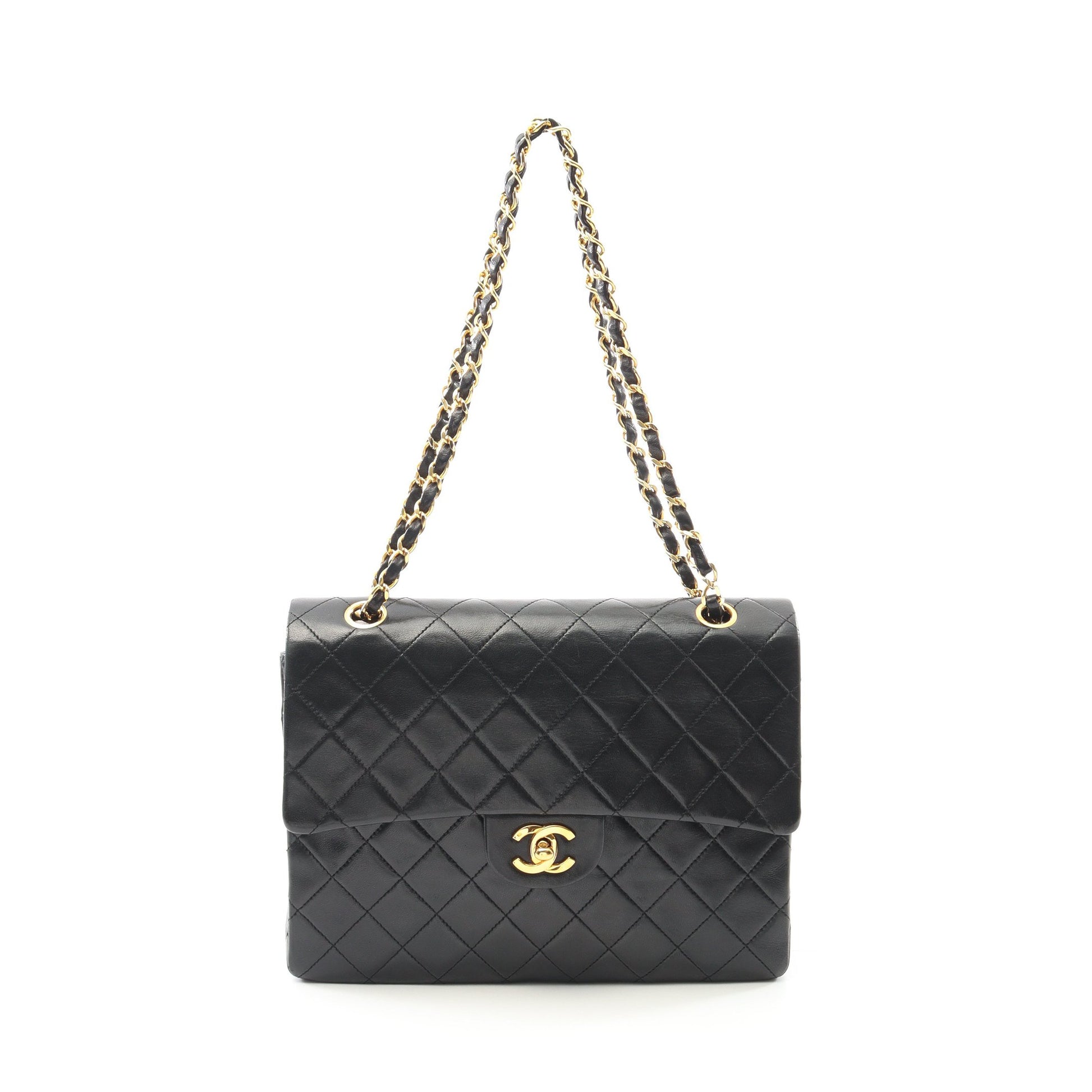 マトラッセ Wフラップ Wチェーンショルダーバッグ ラムスキン ブラック ゴールド金具 ヴィンテージ シャネル バッグ CHANEL