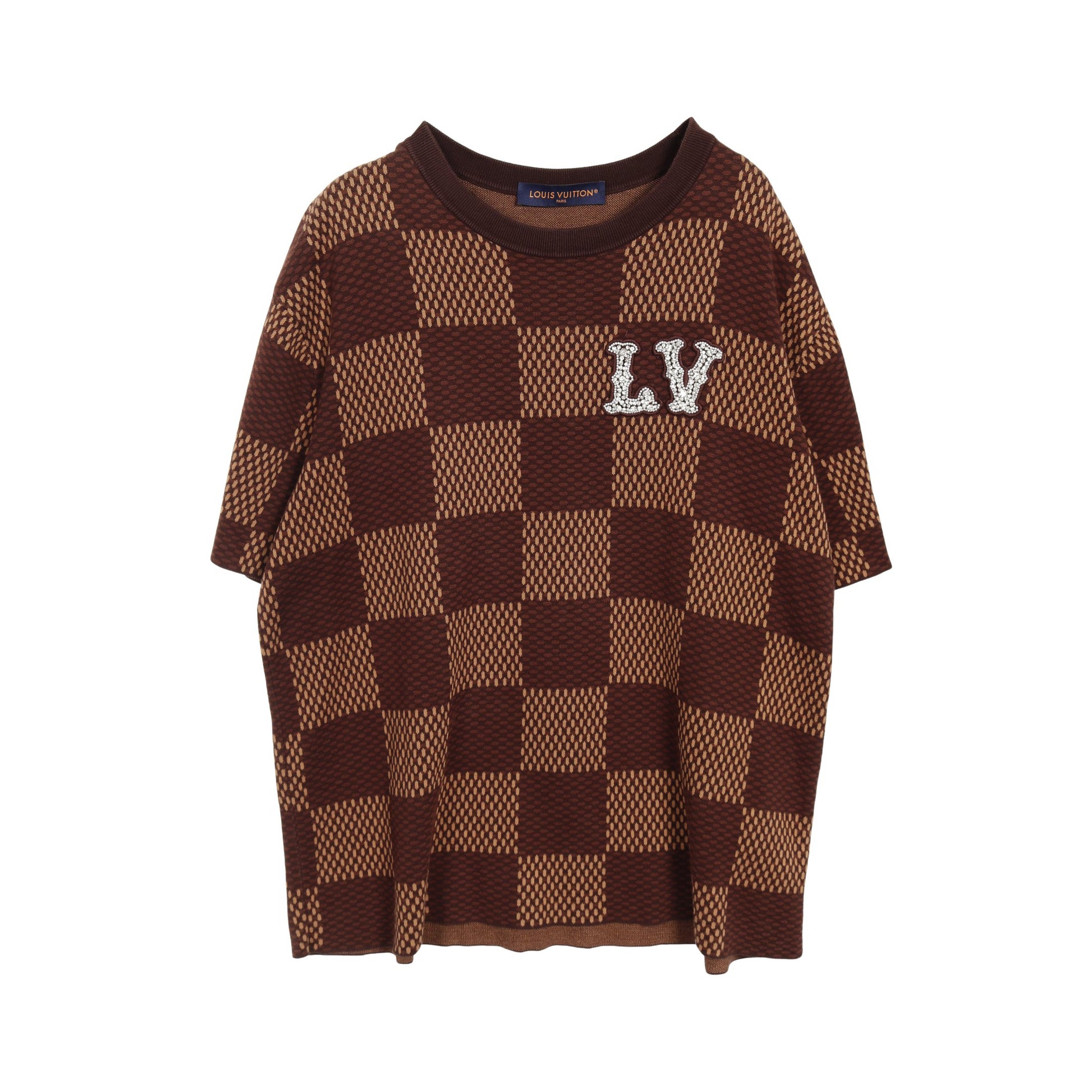 ショートスリーブコットンダミエクルーネックウィズストラスLVパッチ Tシャツ コットン ブラウン 24SS ルイヴィトン トップス LOUIS VUITTON