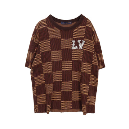 ショートスリーブコットンダミエクルーネックウィズストラスLVパッチ Tシャツ コットン ブラウン 24SS ルイヴィトン トップス LOUIS VUITTON