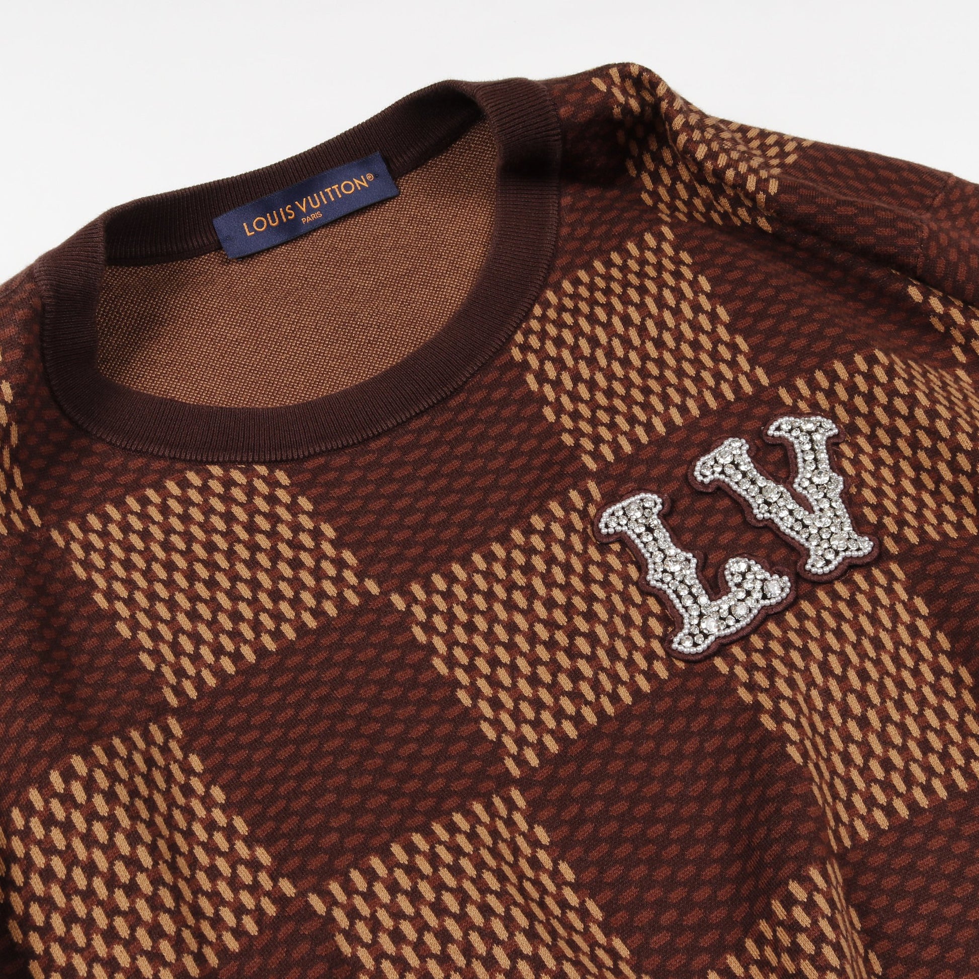 ショートスリーブコットンダミエクルーネックウィズストラスLVパッチ Tシャツ コットン ブラウン 24SS ルイヴィトン トップス LOUIS VUITTON