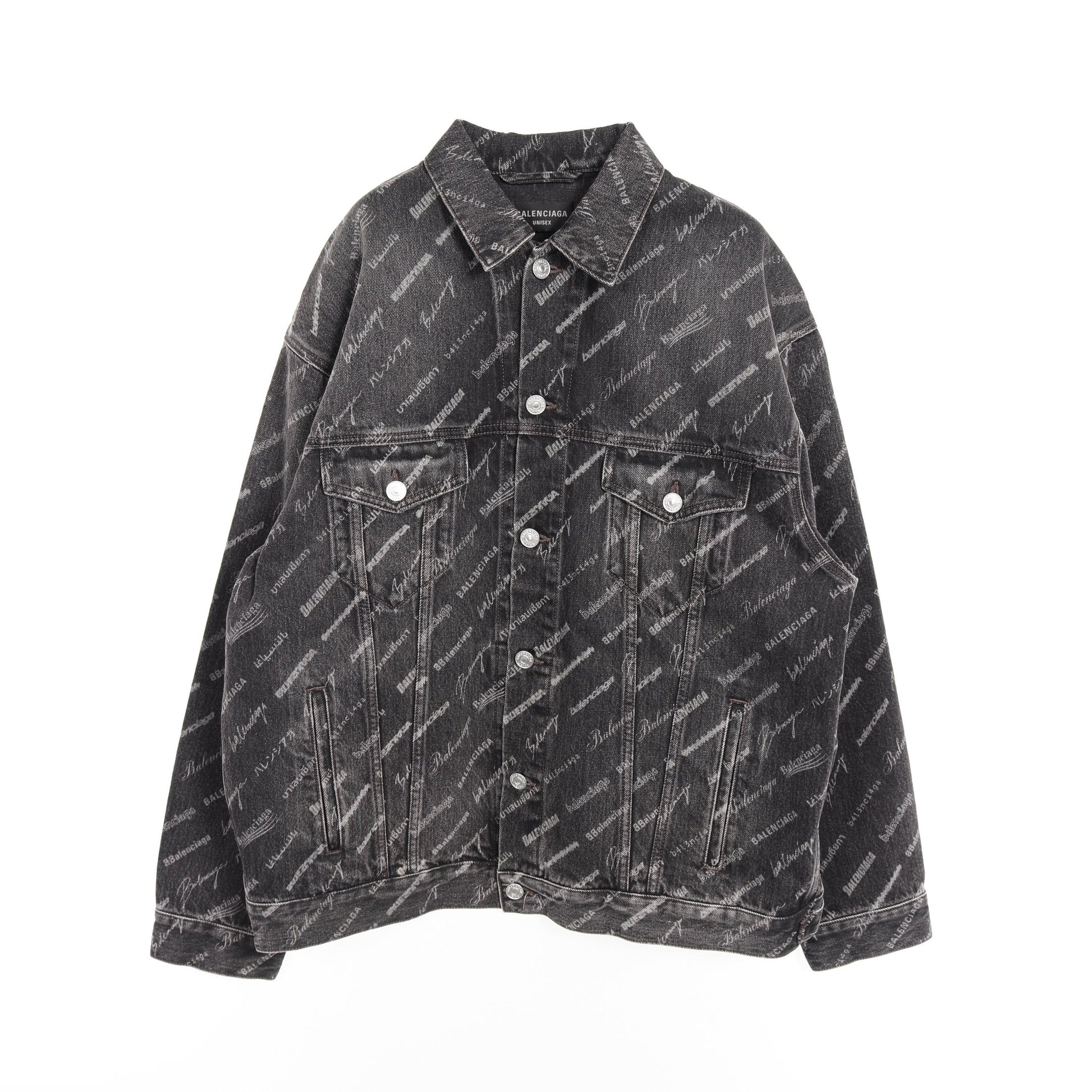 オールオーバーロゴ ラージフィット デニムジャケット コットン ブラック バレンシアガ アウター BALENCIAGA
