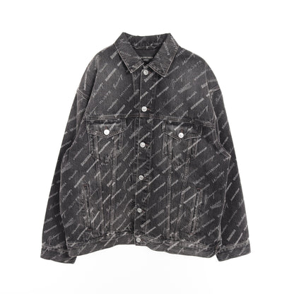 オールオーバーロゴ ラージフィット デニムジャケット コットン ブラック バレンシアガ アウター BALENCIAGA