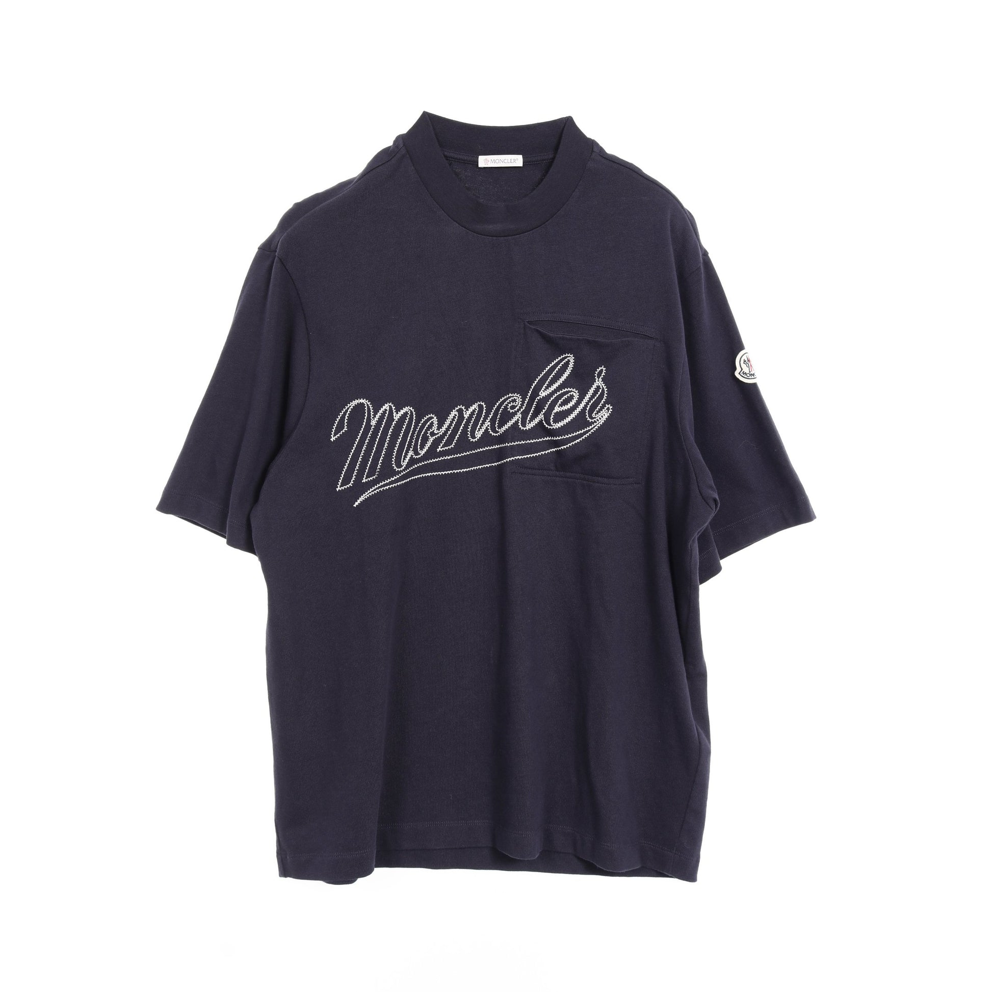 レタリングロゴ刺繍 Tシャツ クルーネック コットン ネイビー 