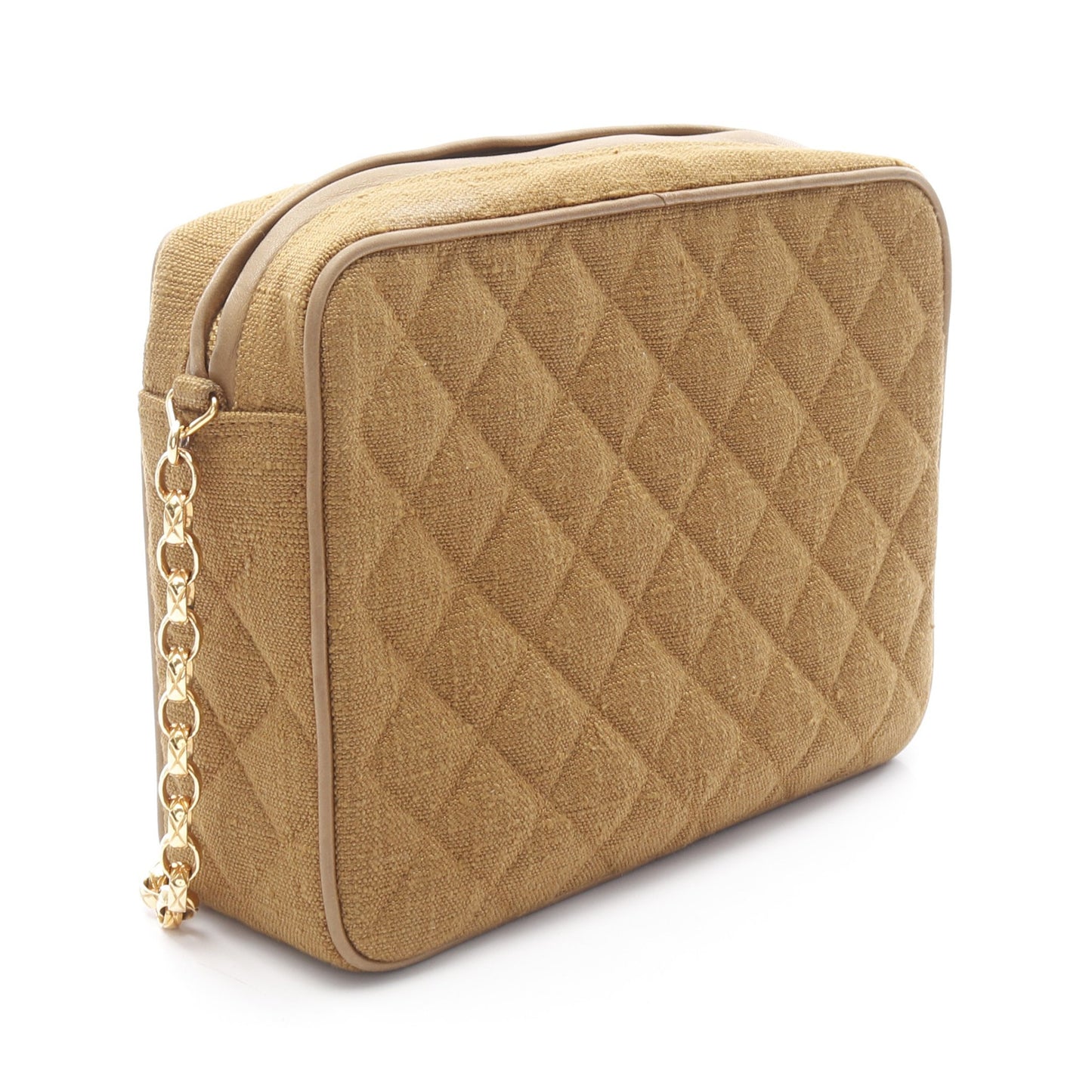 マトラッセ フリンジ チェーンショルダーバッグ リネン カーキブラウン ゴールド金具 シャネル バッグ CHANEL