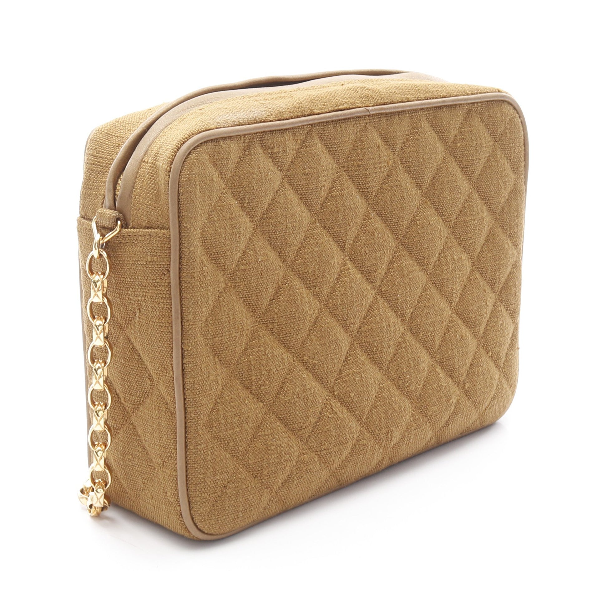 マトラッセ フリンジ チェーンショルダーバッグ リネン カーキブラウン ゴールド金具 シャネル バッグ CHANEL