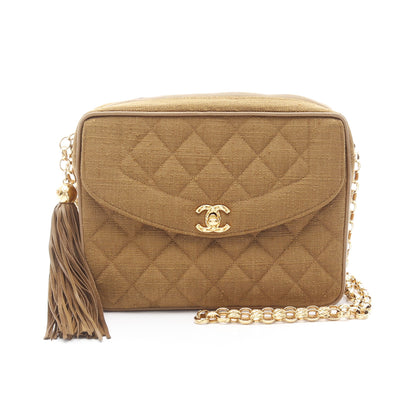 マトラッセ フリンジ チェーンショルダーバッグ リネン カーキブラウン ゴールド金具 シャネル バッグ CHANEL