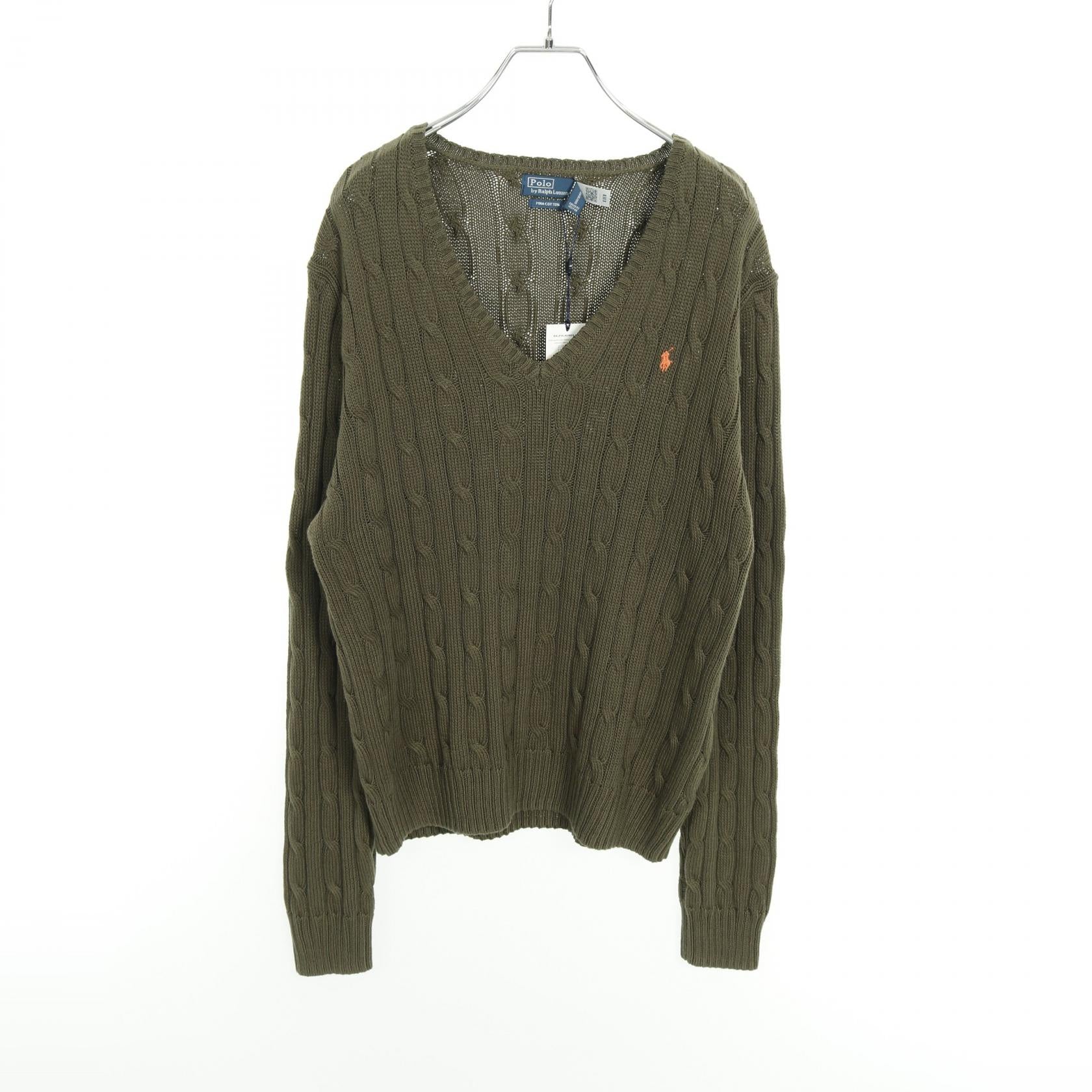 ケーブル ニット Vネック コットン カーキグリーン ポロラルフローレン