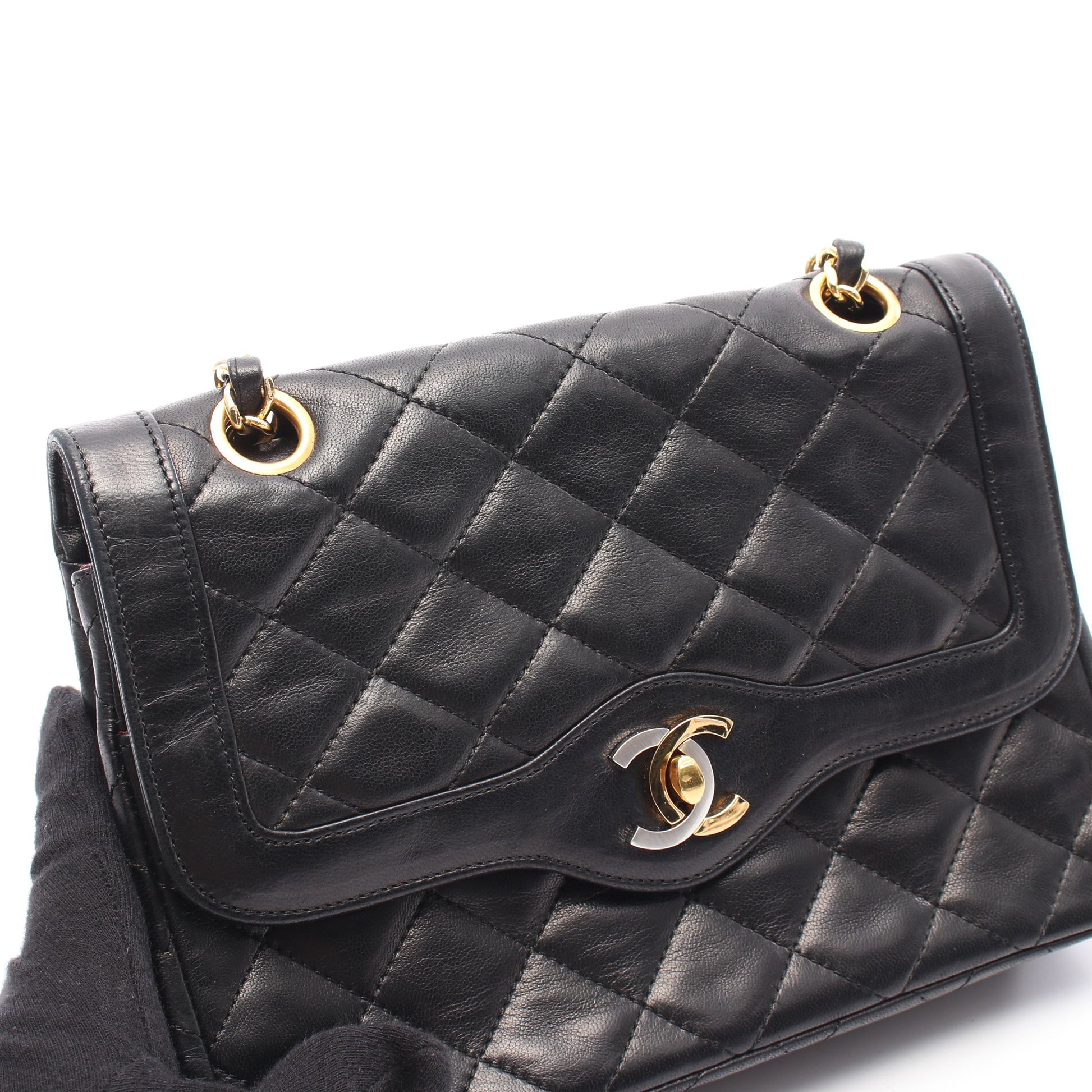 マトラッセ パリ限定 Wフラップ Wチェーンショルダーバッグ ラムスキン ブラック コンビ金具 シャネル バッグ CHANEL