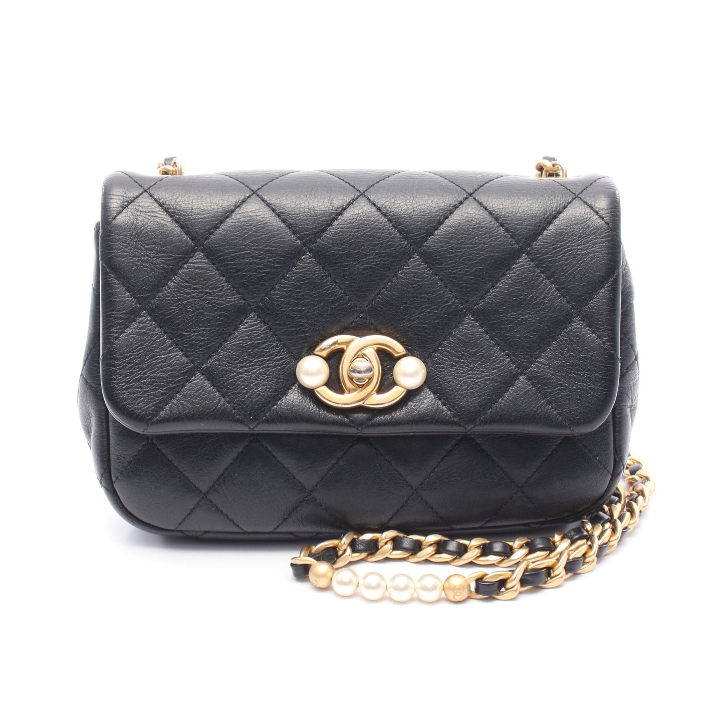 マトラッセ チェーンショルダーバッグ パール装飾 レザー ブラック ゴールド金具 シャネル バッグ CHANEL