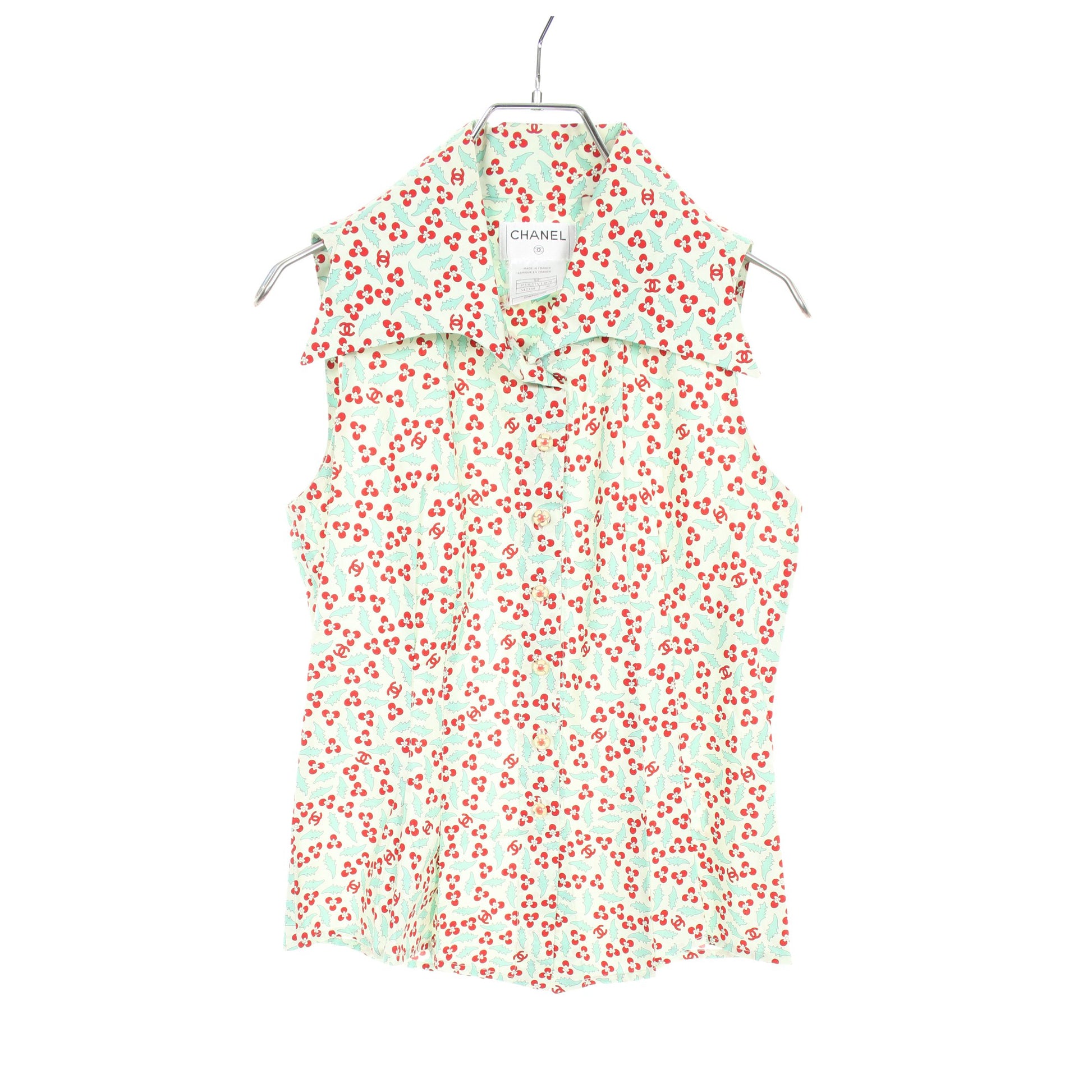 ココマーク ブラウス ノースリーブ 総柄 コットン ライトグリーン  