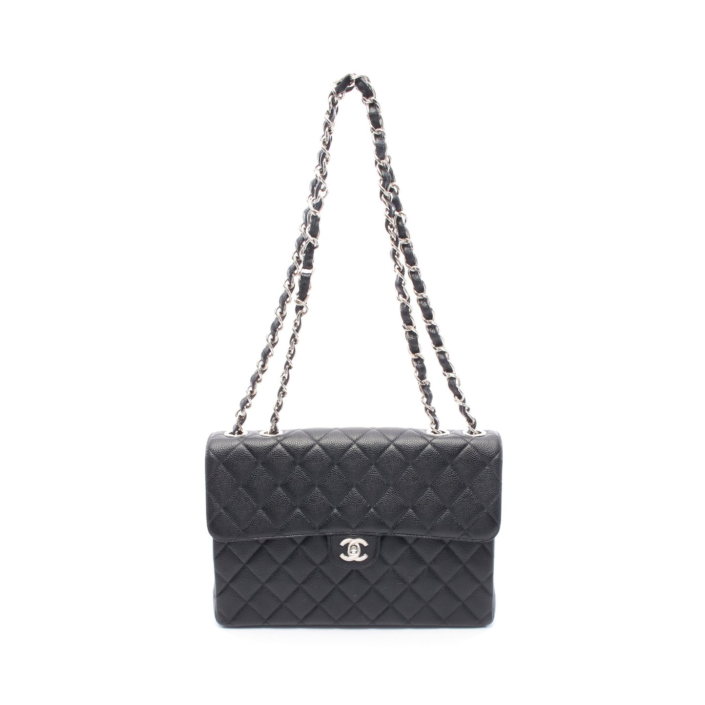 マトラッセ30 シングルフラップ Wチェーンショルダーバッグ キャビアスキン ブラック シルバー金具 シャネル バッグ CHANEL
