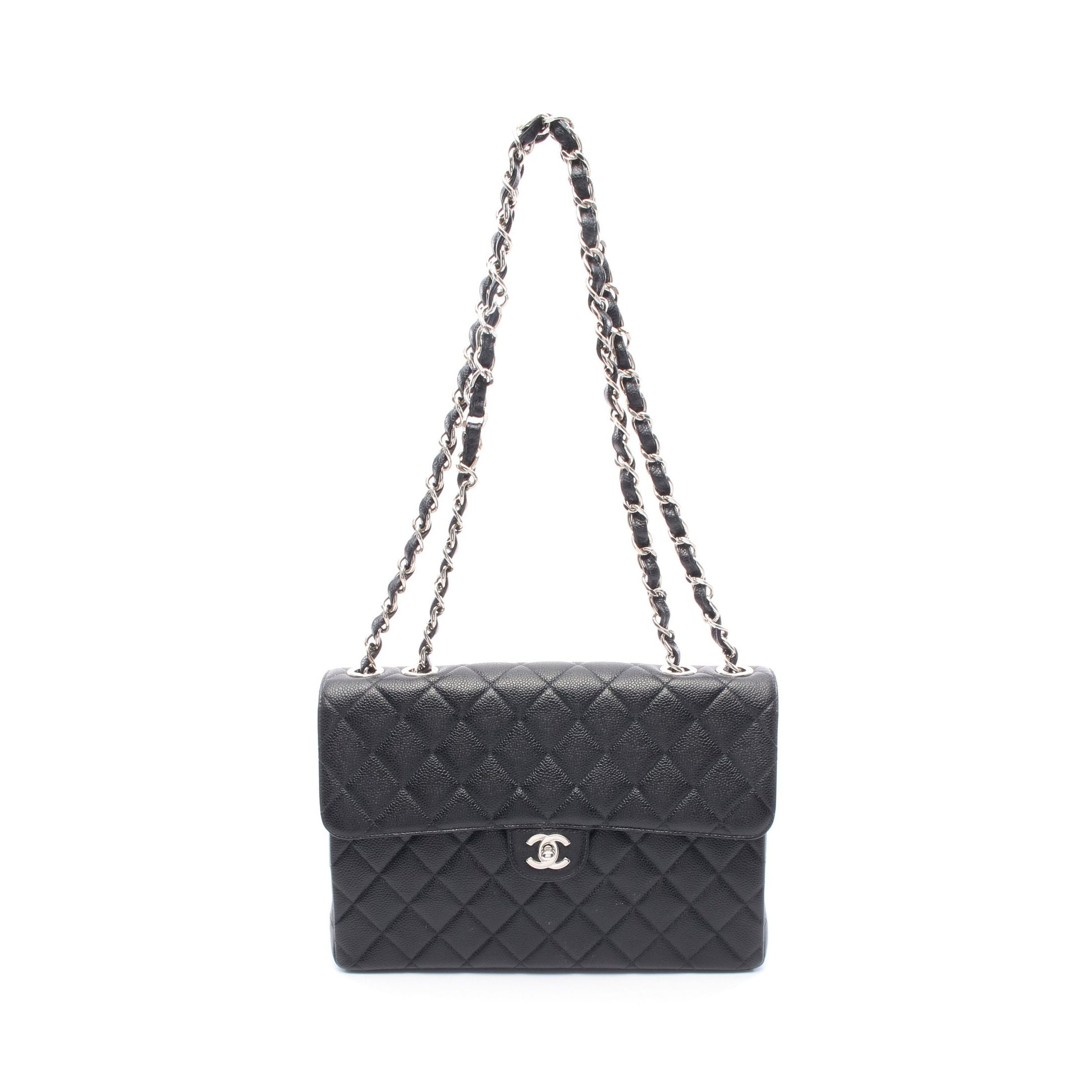 マトラッセ30 シングルフラップ Wチェーンショルダーバッグ キャビアスキン ブラック シルバー金具 シャネル バッグ CHANEL