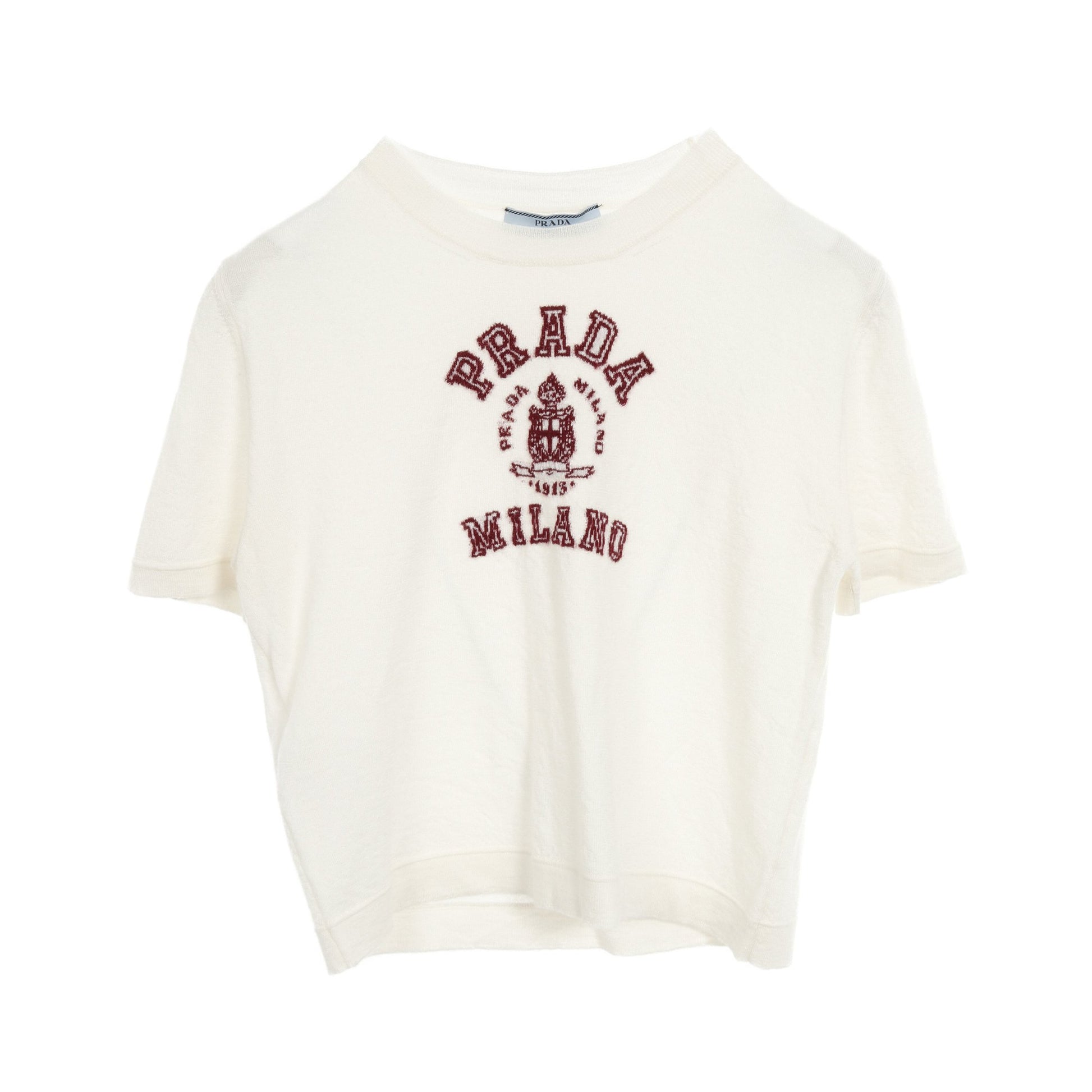 カシミヤ インターシャ Tシャツ ニット 半袖 カシミヤ オフホワイト ボルドー プラダ トップス PRADA