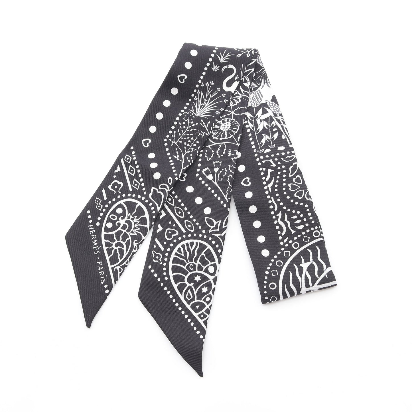 ツイリー Entre Ciel et mer Bandana リボン スカーフ シルク ブラック ホワイト エルメス 財布・小物 HERMES