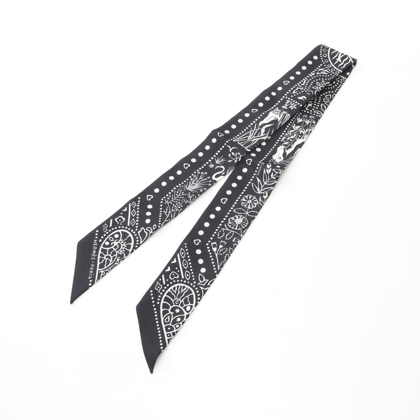 ツイリー Entre Ciel et mer Bandana リボン スカーフ シルク ブラック ホワイト エルメス 財布・小物 HERMES