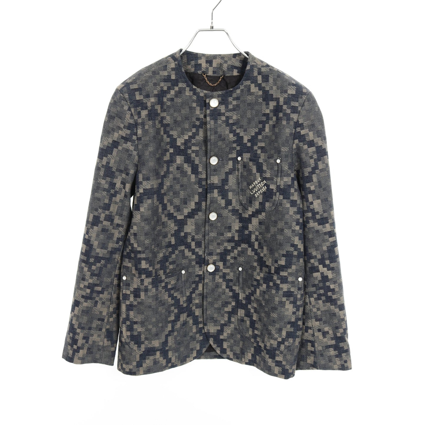 ダミエ ノーカラー デニムジャケット パイソン柄 コットン ネイビー ベージュ ルイヴィトン アウター LOUIS VUITTON