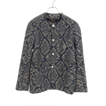 ダミエ ノーカラー デニムジャケット パイソン柄 コットン ネイビー ベージュ ルイヴィトン アウター LOUIS VUITTON