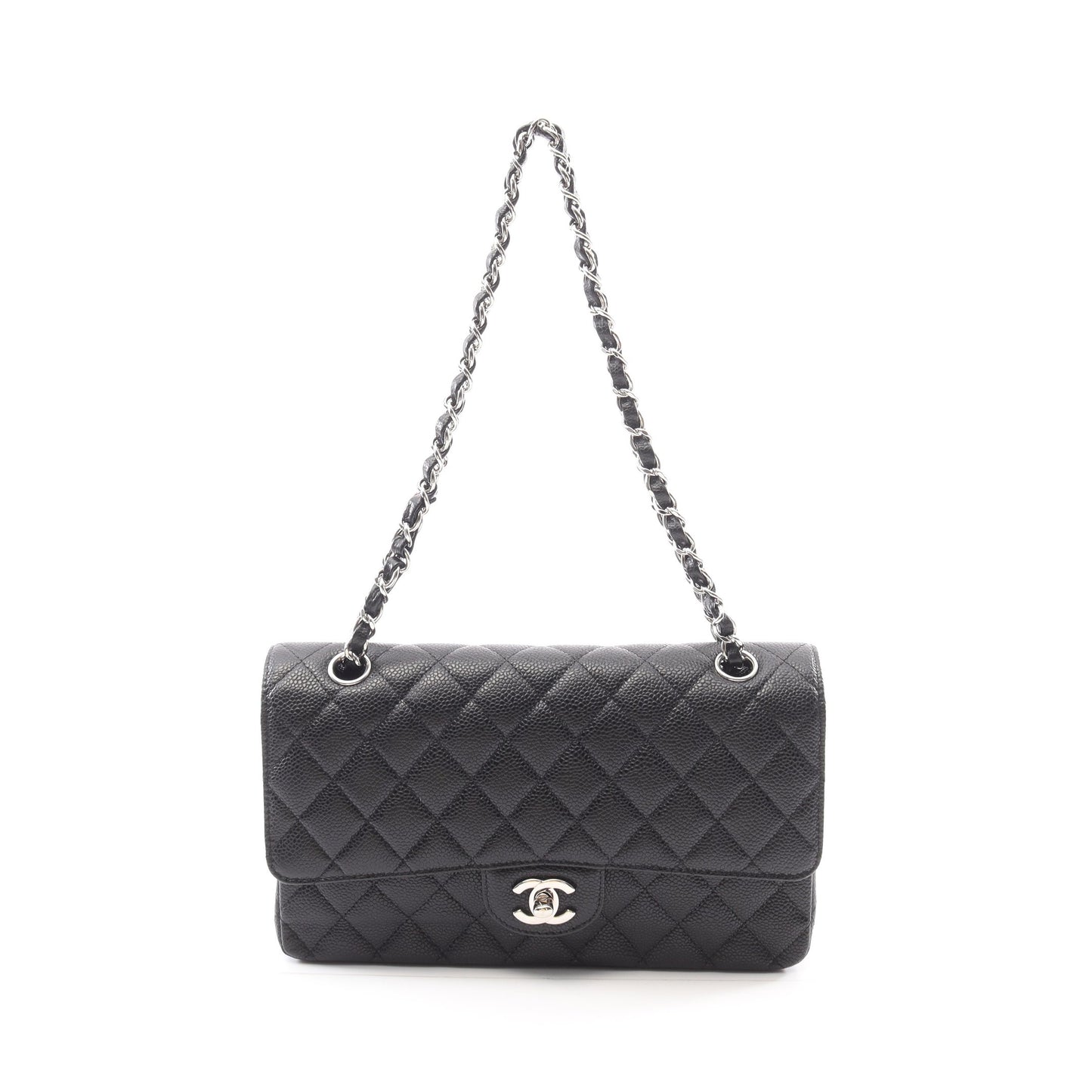 マトラッセ Wフラップ Wチェーンショルダーバッグ キャビアスキン ブラック シルバー金具 シャネル バッグ CHANEL