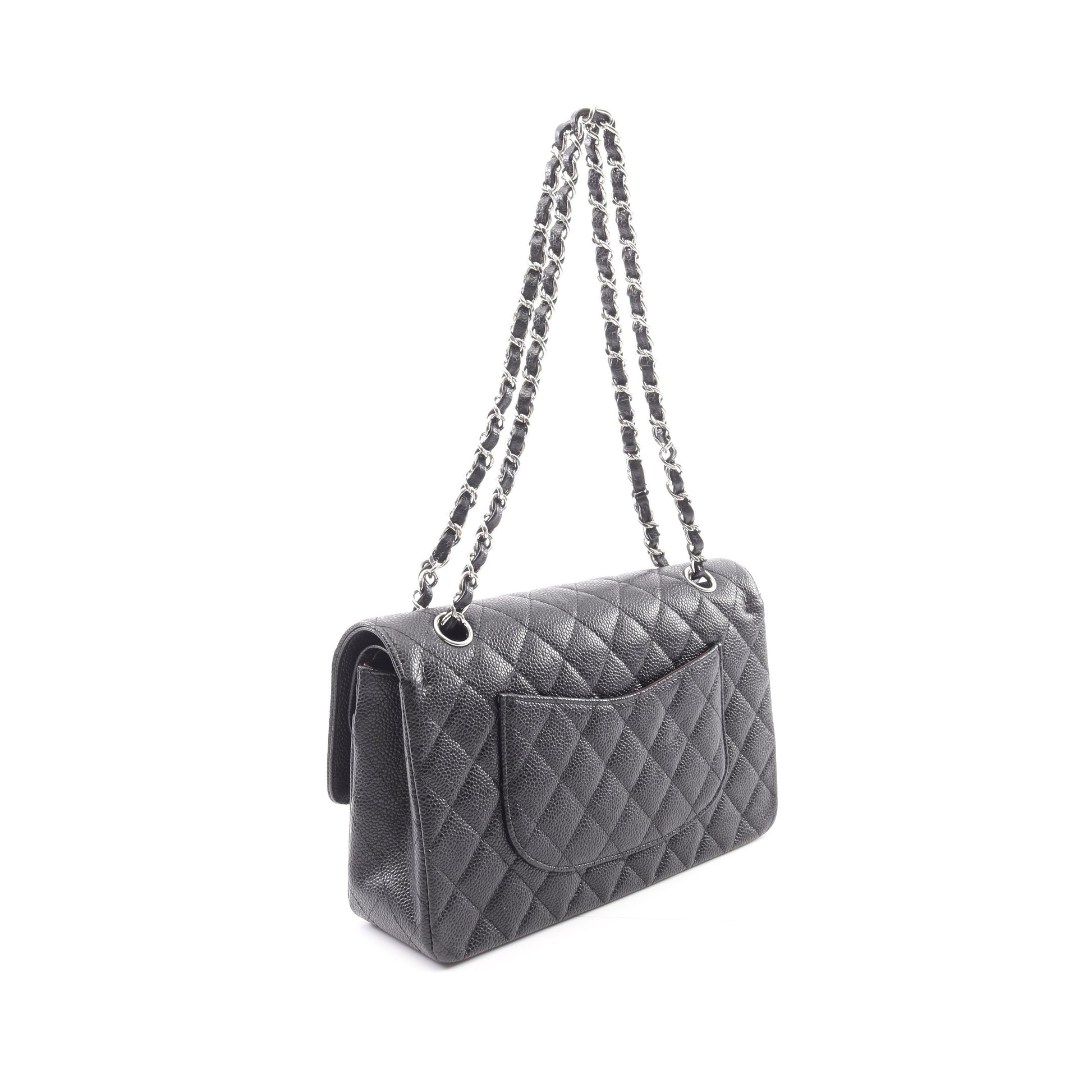 マトラッセ Wフラップ Wチェーンショルダーバッグ キャビアスキン ブラック シルバー金具 シャネル バッグ CHANEL