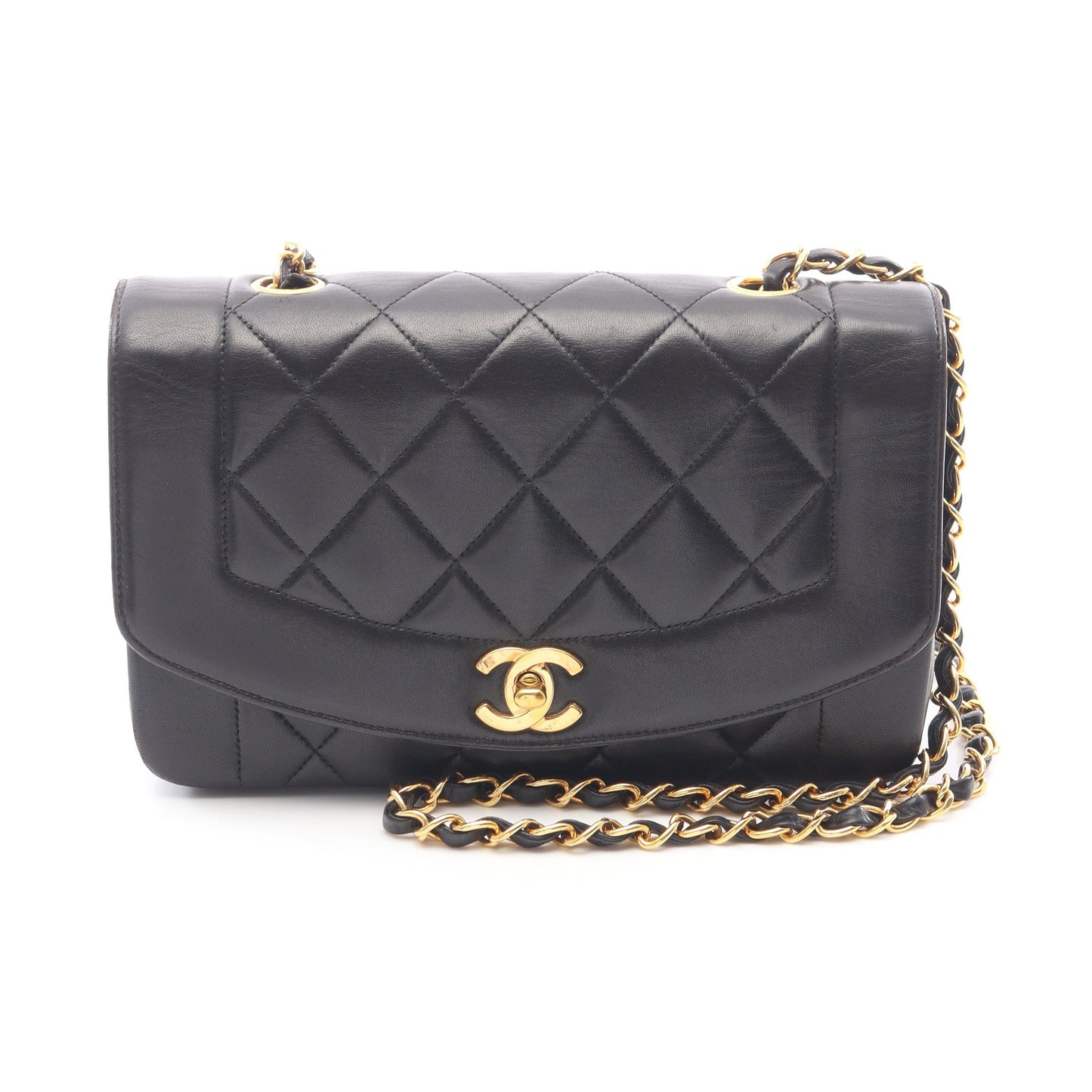 マトラッセ ダイアナフラップ チェーンショルダーバッグ ラムスキン ブラック ゴールド金具 シャネル バッグ CHANEL