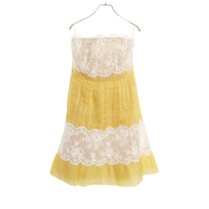 プリーツ ワンピース ベアトップ レース シルク イエロー ヴァレンティノ ワンピース VALENTINO