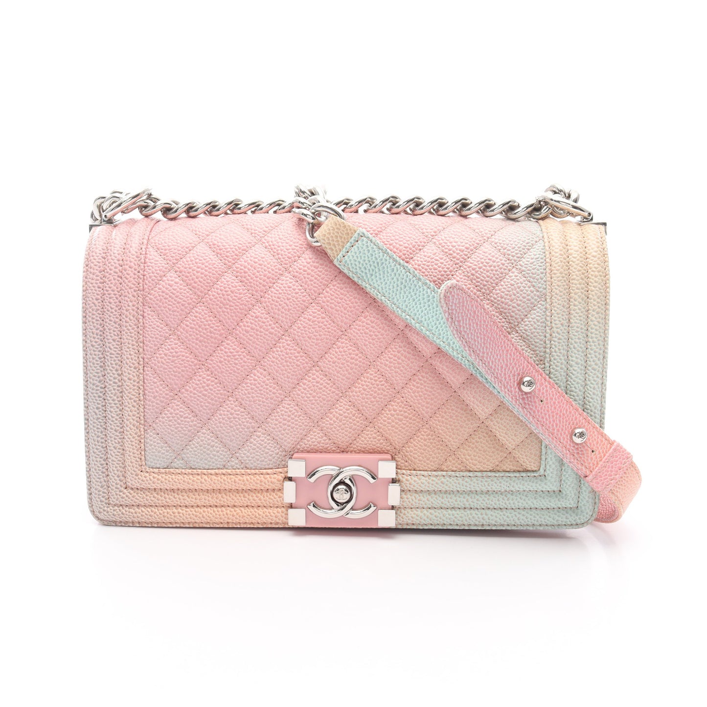 ボーイシャネル レインボー チェーンショルダーバッグ キャビアスキン ピンク ライトブルー シルバー金具 シャネル バッグ CHANEL