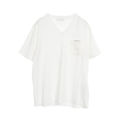 Tシャツ Vネック コットン ホワイト 切替 ロゴポケット プラダ トップス PRADA