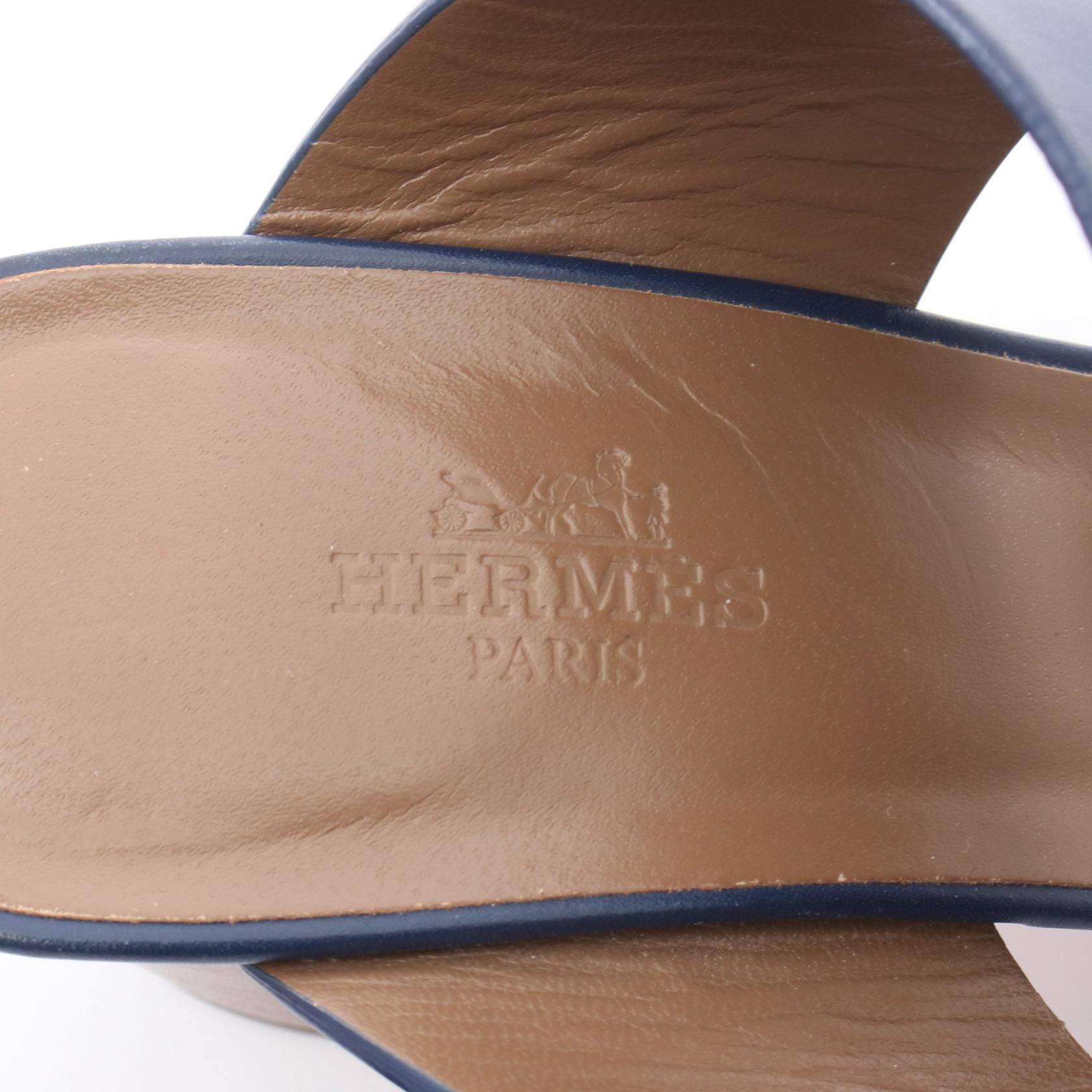 サンダル レザー ブラウン ネイビー バイカラー エルメス シューズ HERMES