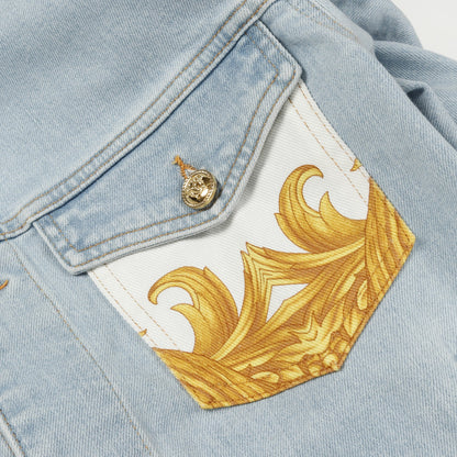 ストーンウォッシュ デニムジャケット コットン ライトブルー ホワイト イエロー ポケット切替 ヴェルサーチ アウター Versace